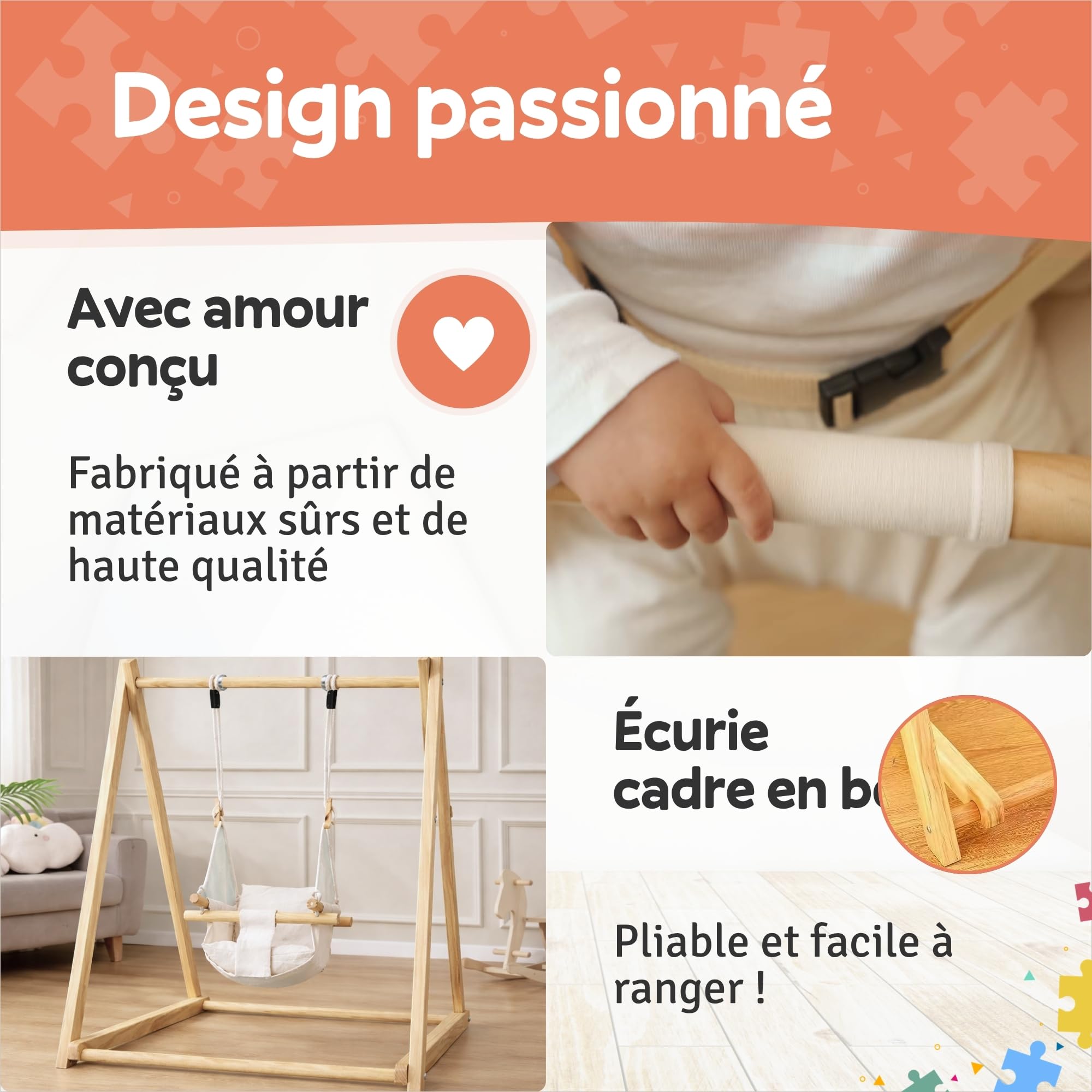 Balançoire en Bois pour bébé avec siège à Bascule Pliable, balancelle évolutive et Chaise à Bascule Enfant, Baby Swing en Bois Naturel Stable et sûr, Jouet bébé pour intérieur et extérieur sécurisé