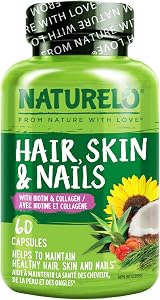 NATURELO Hair, Skin and Nails Vitamins - 5000 mcg Biotin, Collagen, Natural Vitamin E - Supplement for Healthy Skin, Hair Growth for Women and Men – 60 Capsules