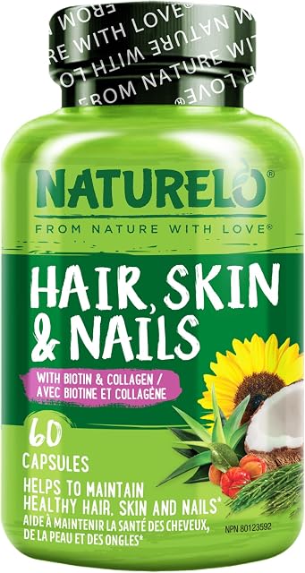 NATURELO Hair, Skin and Nails Vitamins - 5000 mcg Biotin, Collagen, Natural Vitamin E - Supplement for Healthy Skin, Hair Growth for Women and Men – 60 Capsules