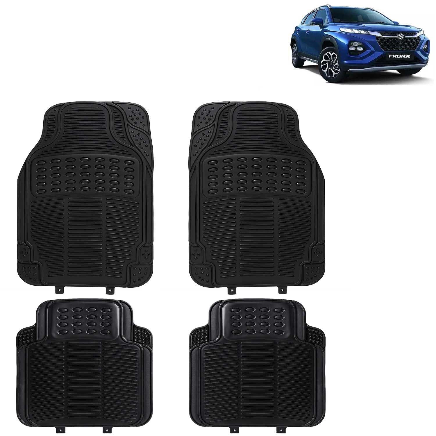 KINGSWAY Accessories Universal Use Anti Skid PVC Car Mat Compatible with Maruti Suzuki Fronx Year 2023 Onwards, Set of 4 Pcs Anti Slip Car Floor Rubber Mats, All Weather Car Foot Mats, Black