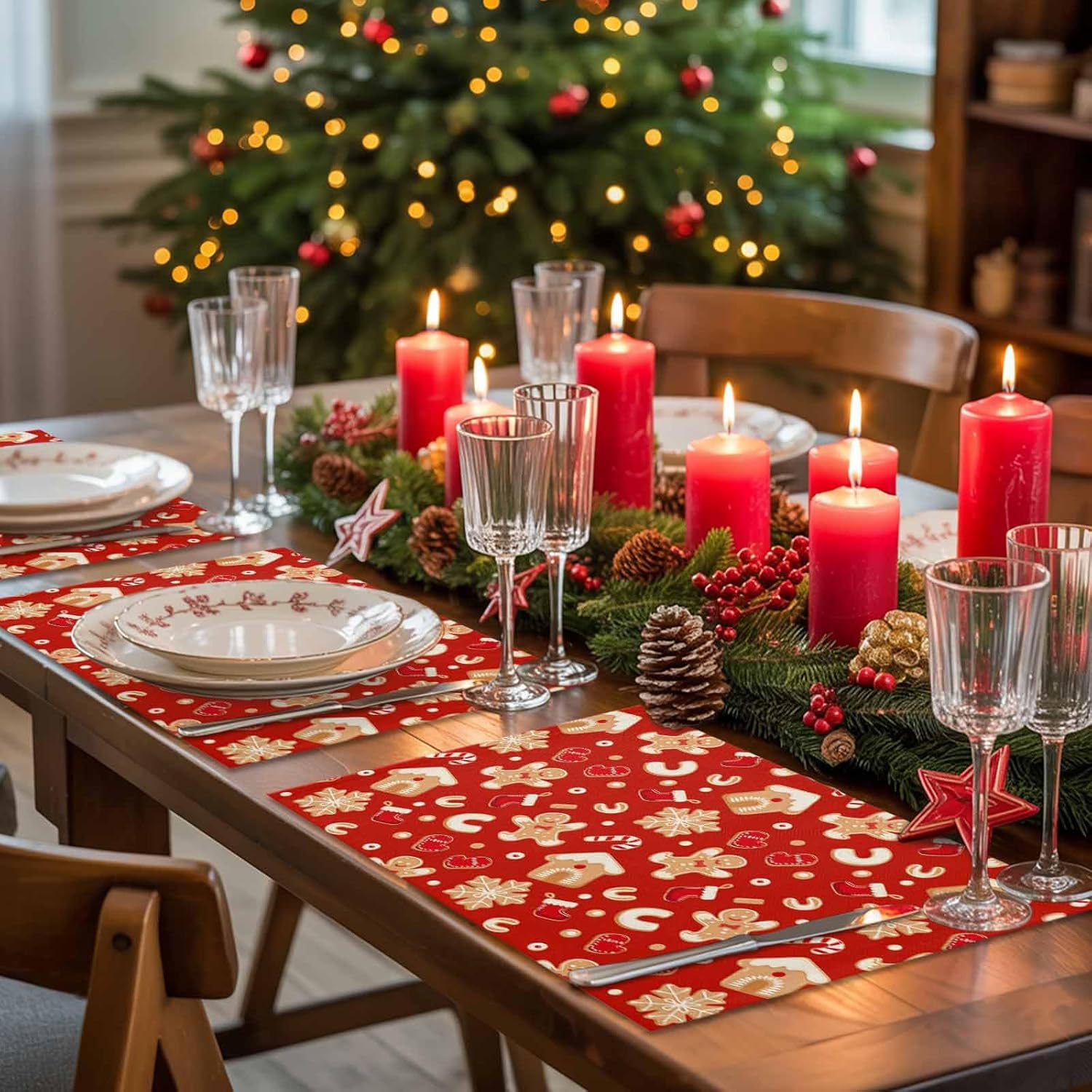 Christmas Placemats Set of 8 Gingerbread Man Candy Red Place Mats for Kitchen Dining Table Heat Insulation Table Mats for Wedding Holiday Party Decor 13x19 inch
