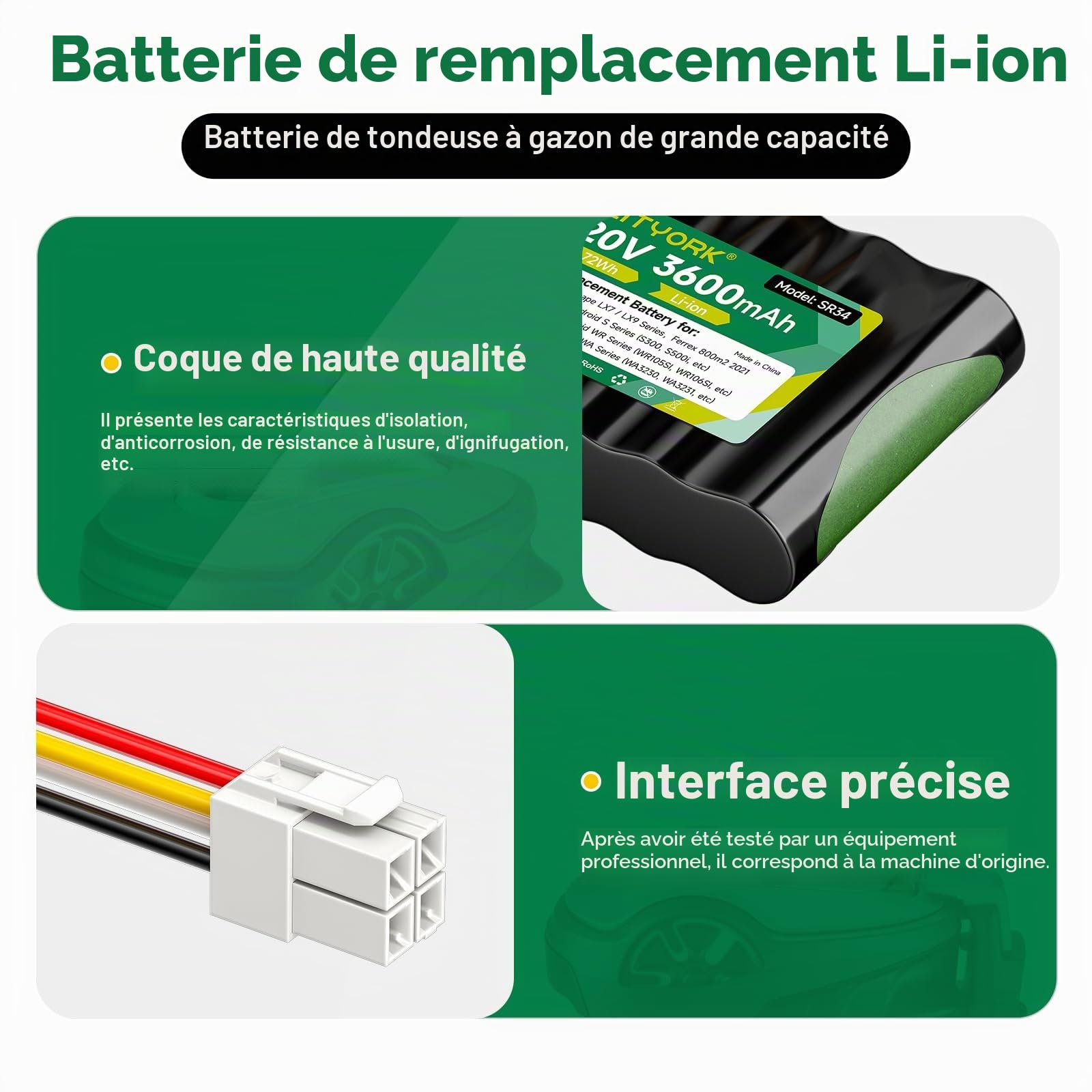 CITYORK 20 V/ 3600mAh Tondeuse Batterie pour Worx Landroid S300, S390, S300i, S450i, S500i,S700i, Worx WR100SI/101SI/102SI/WA3230/WA3231, pour Landxcape LX790, LX790i, LX792, LX795,LX835, LX991, LX992