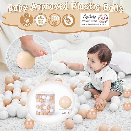 Miniatura 2 de Realhaha Pelotas de plástico para corralito de juego con color beige, marrón perlado, blanco, transparente para piscina de bebé, 2.2 pulgadas, 100