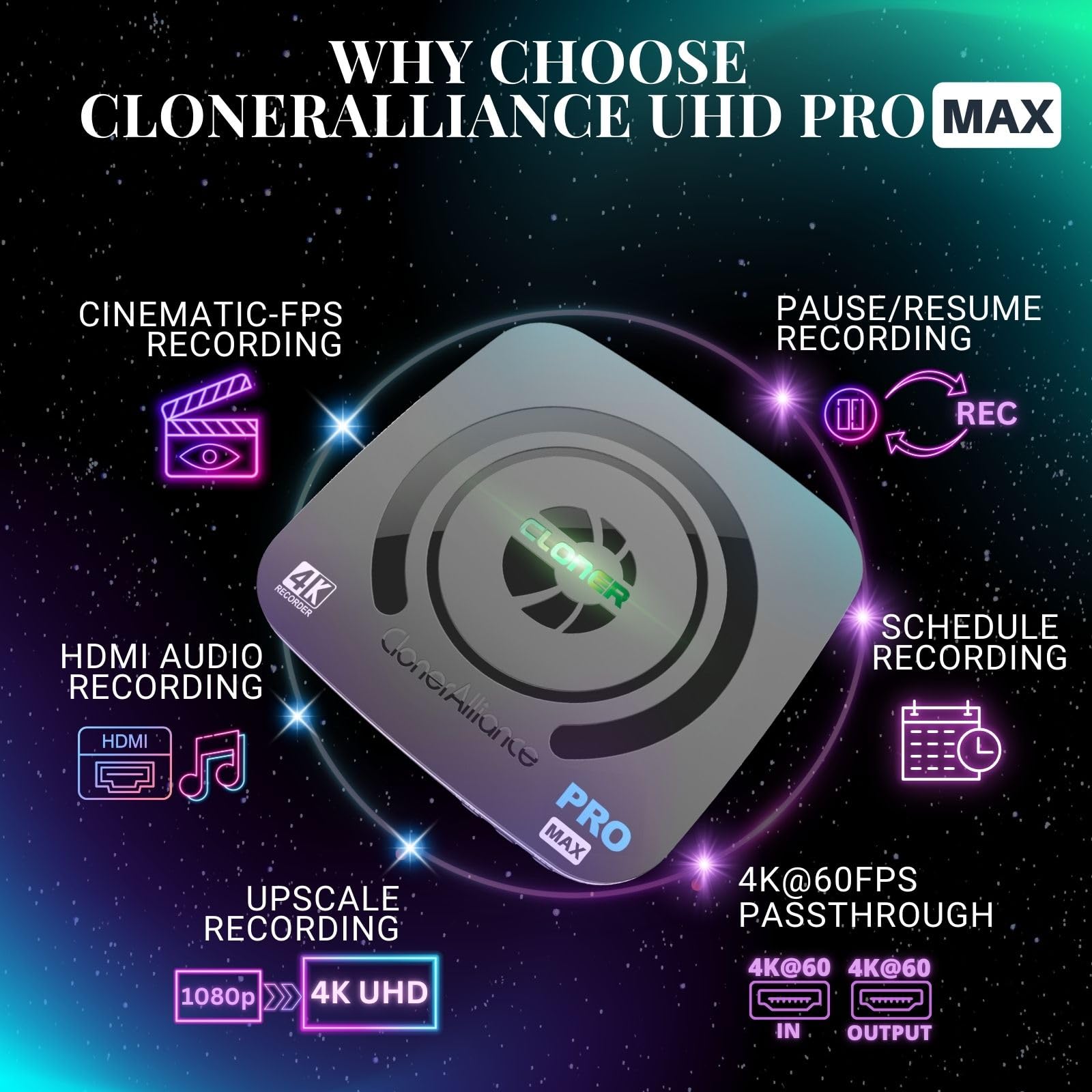 ClonerAlliance Videoregistratore UHD Pro Max 4K@24fps H.265/H.264 HDMI Capture DVR