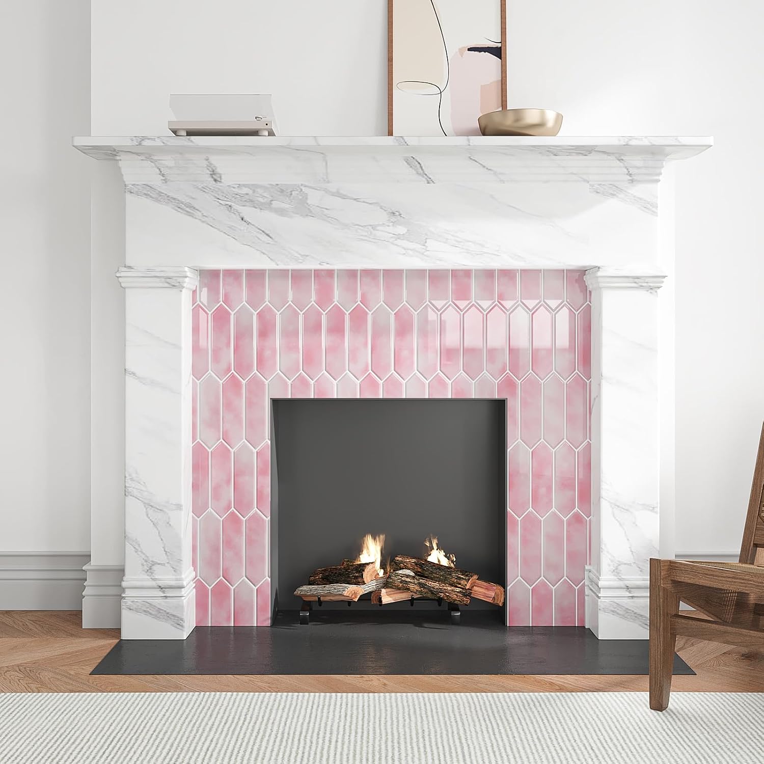 VEELIKE Pink Peel and Stick Backsplash Long Hexagon Self Adhesive Backsplash Tile for Kitchen Bathroom Laundry Room 6 Sheets Stick on Wall Tiles Peel and Stick Waterproof Pink Tile Sticker 12''x12''