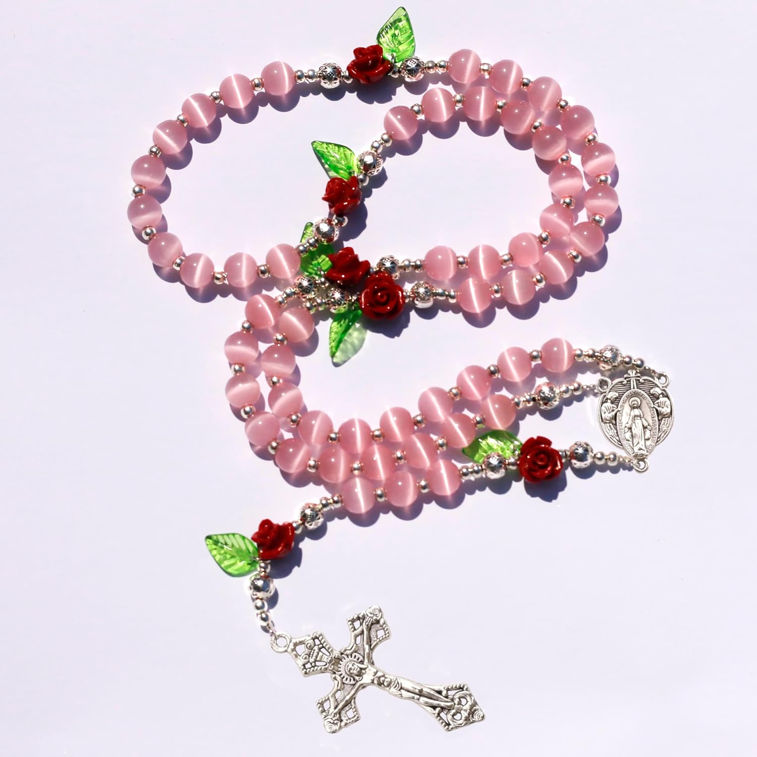 8mm White Cat's Eye Beads Catholic Rosary Necklace with Coral Rose Glory Beads in Virgin Mary PU Leather Bag for Women - Image 3