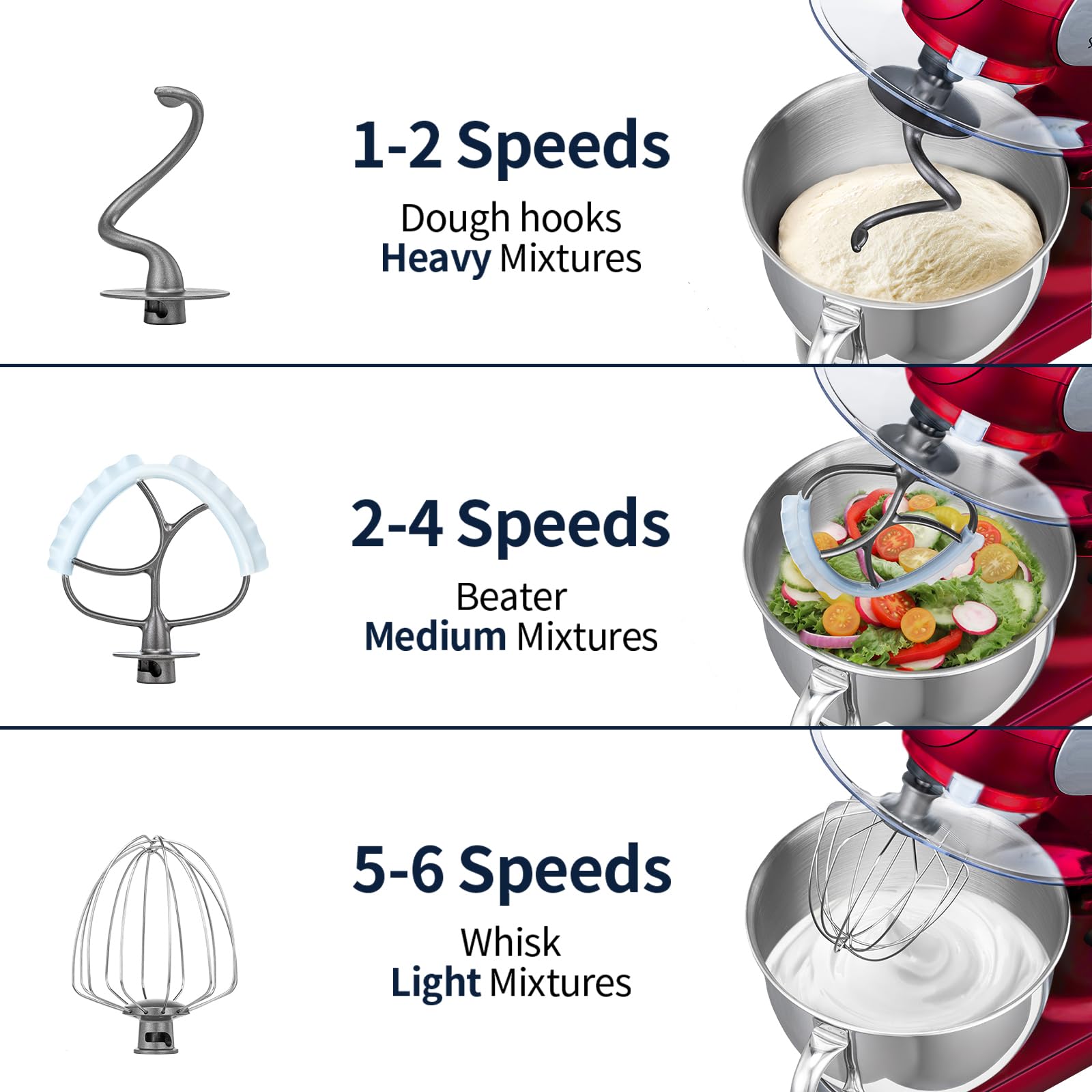 Batidora de pie, 6 cuartos de galón 600 W, mezclador de masa de cabeza inclinable, mezclador de 6+P velocidad de cocina con cuenco de acero inoxidable, gancho de masa apto para lavavajillas, batidor 3