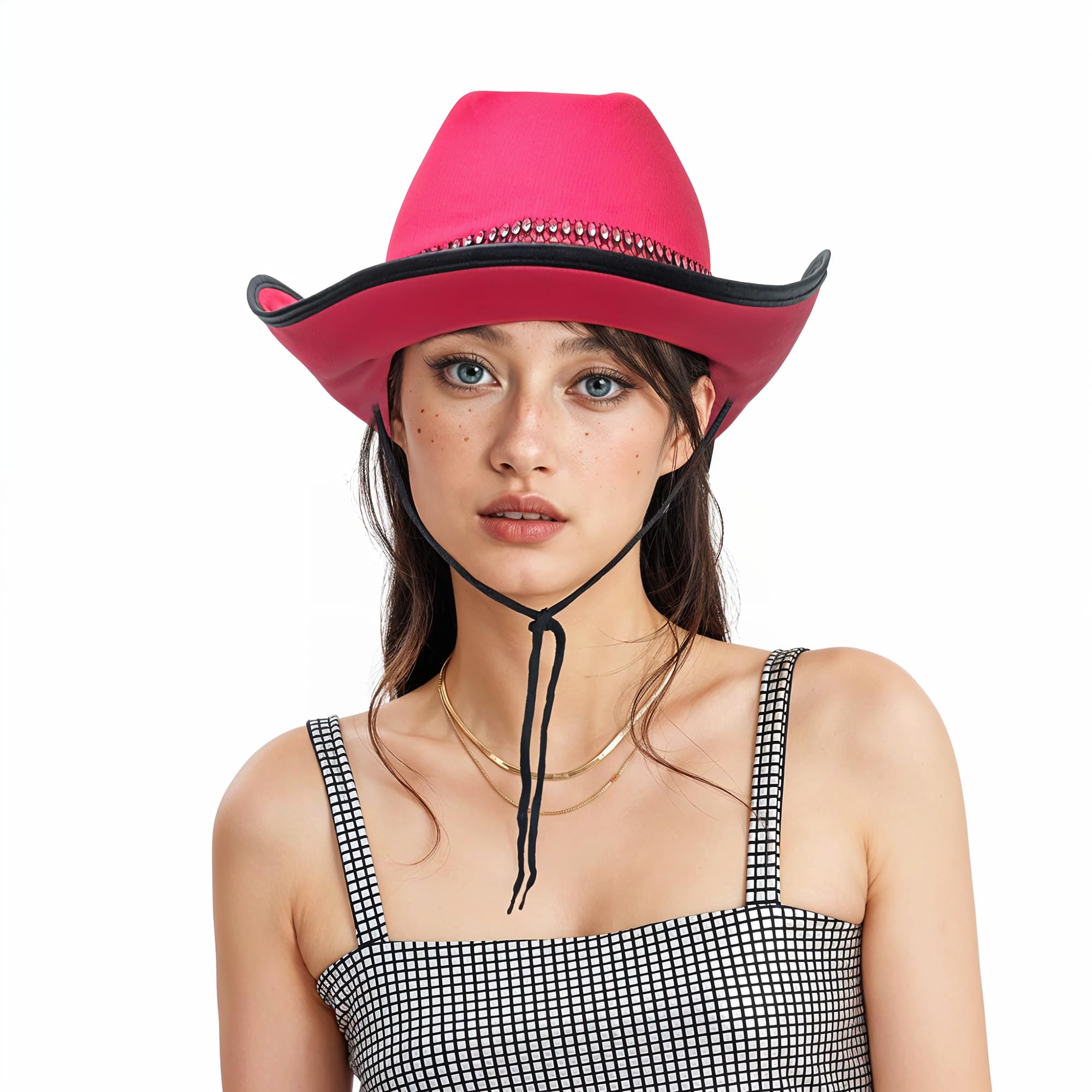 Pink Cowboy Hat with Black Band and Trim for Men and Women – Unisex Adult Texan Cowgirl Hat Fancy Dress Party Accessory