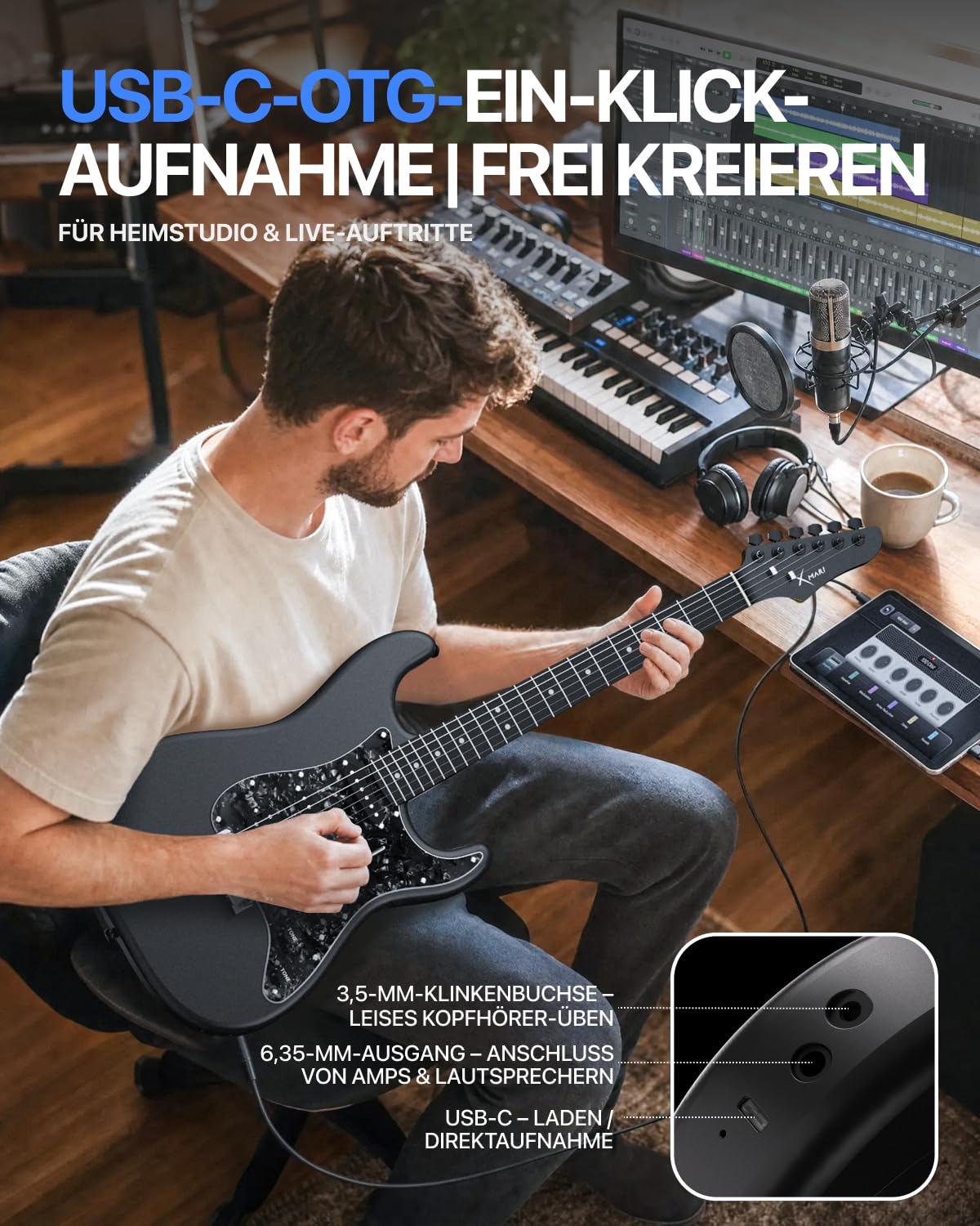 ENYA XMARI Smarte E-Gitarre set mit Verstärker, integrierten Effekten | Kohlefaser-Korpus, USB-C-Aufnahme, Kopfhörerausgang, 39-Zoll-Komplettset mit Gigbag, App-Steuerung – ideal für leises Üben.