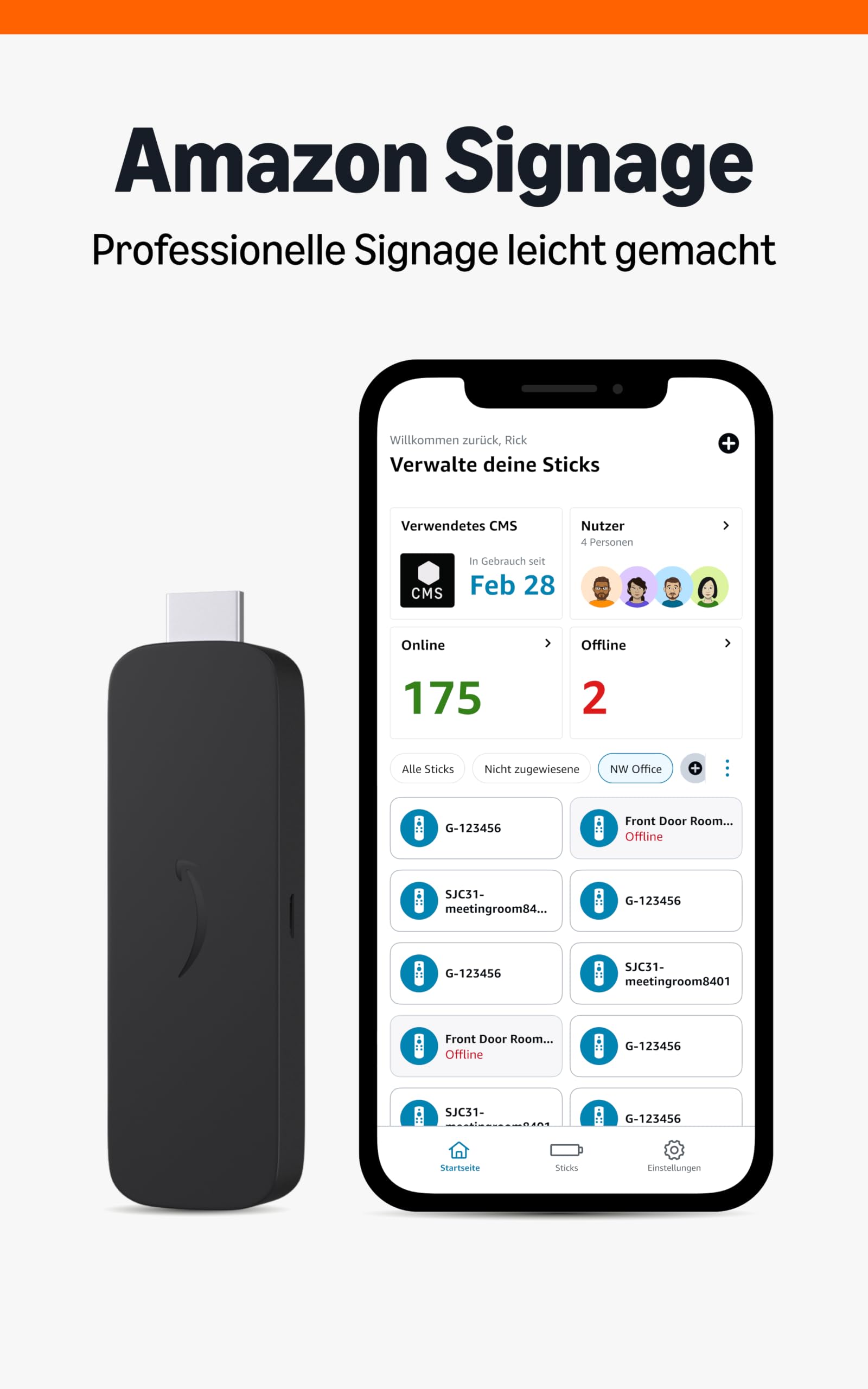 Amazon Signage Stick – Professioneller Digital Signage Media Player mit 4K-Unterstützung – Für Unternehmen jeder Größe, einfache Einrichtung mit kostenloser mobiler App und CMS-Kompatibilität