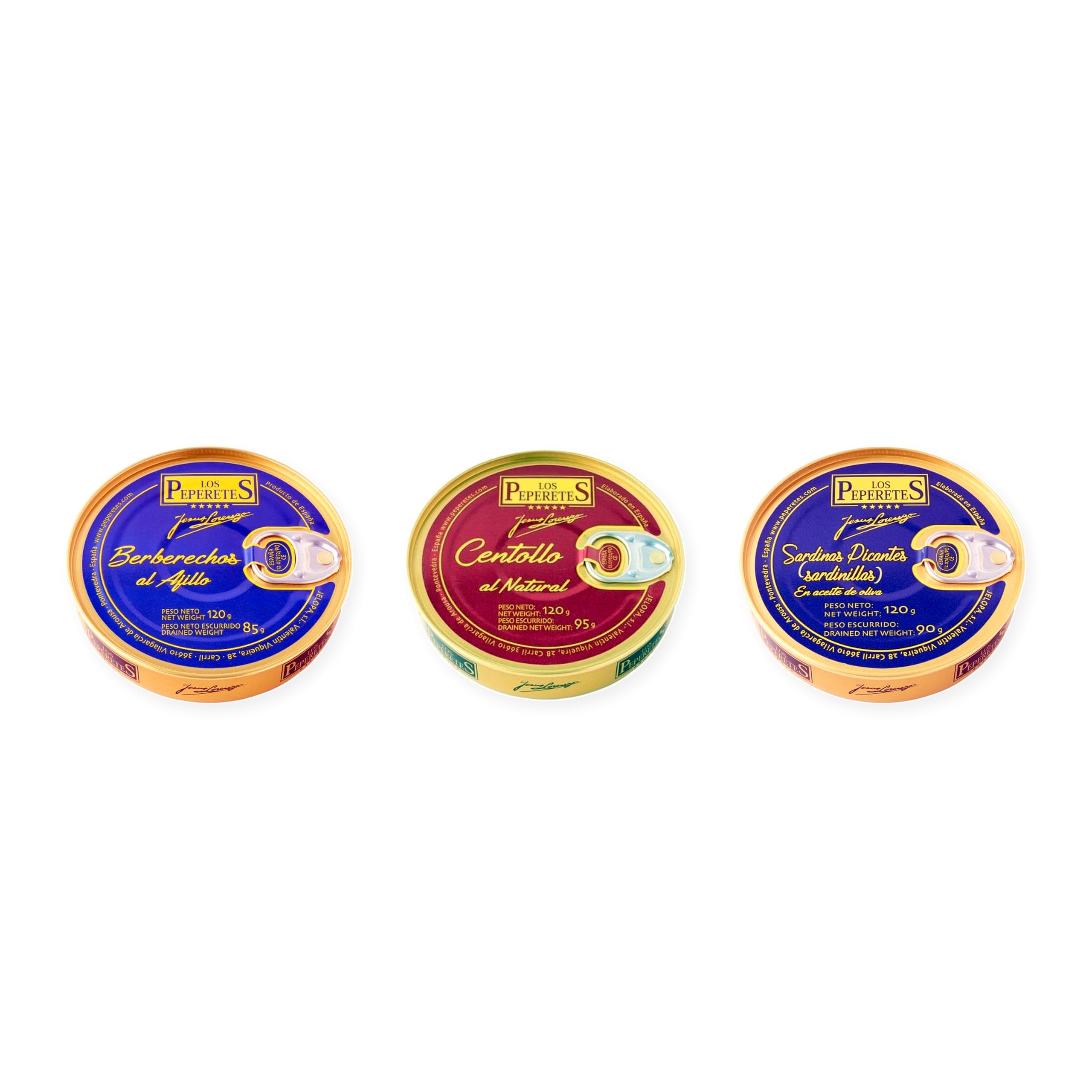 los peperetes conservas Berberechos Ajillo, Centollo Natural y Sardinillas Picantes pack 3 latas
