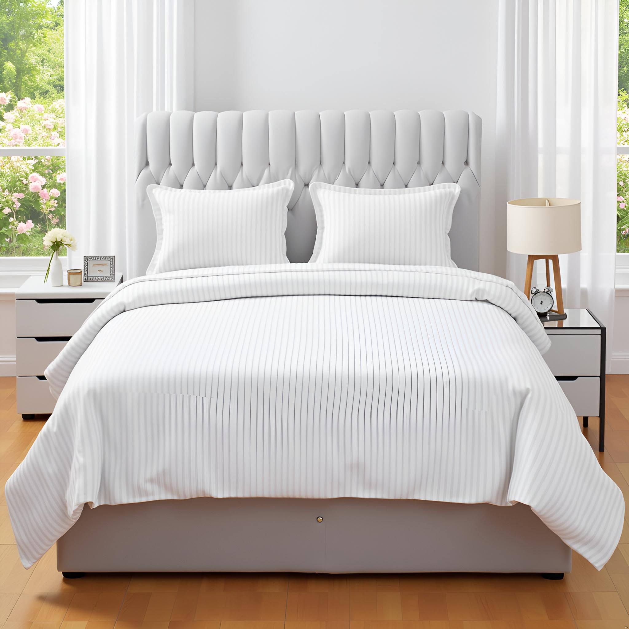 Cool Dealzz 210 TC White Glace Cotton Bedsheet | King Size (90x100) | 2 Pillow Covers (17x27) | Satin Stripe, Hotel/Home Use