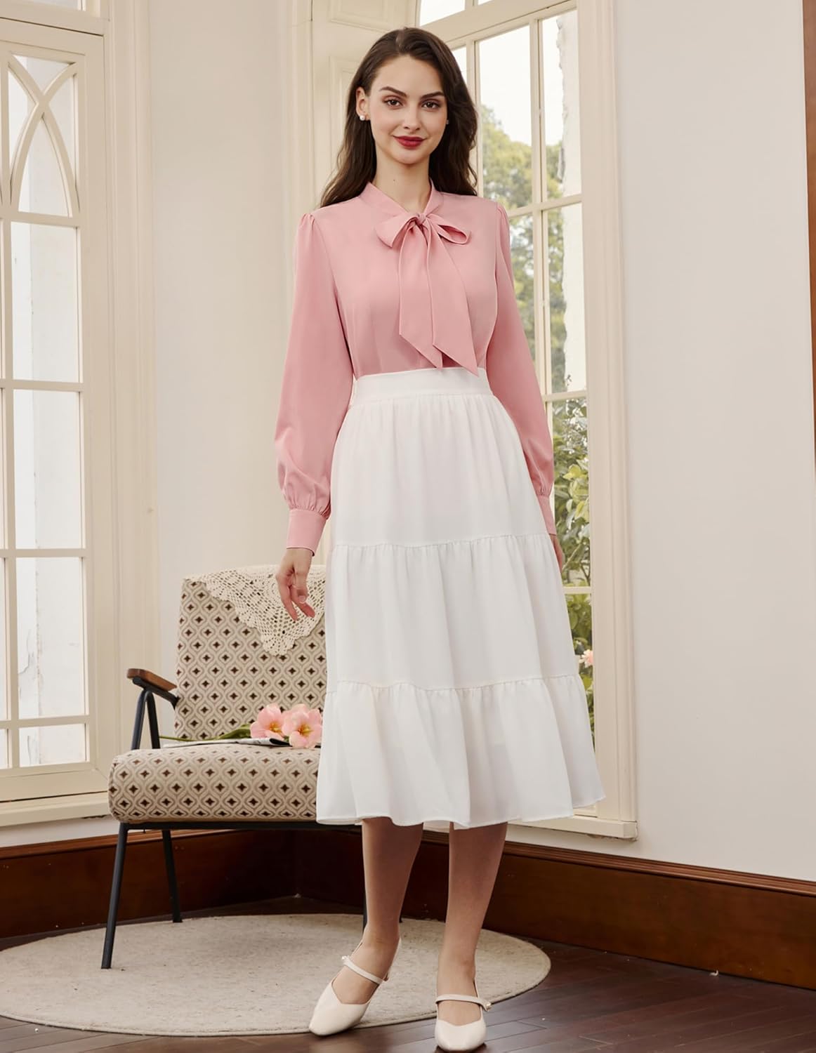 Belle Poque Women's Bow Tie Neck Blouse - Button Down Long Sleeve Collared Shirt for Work Office Casual - Image 4