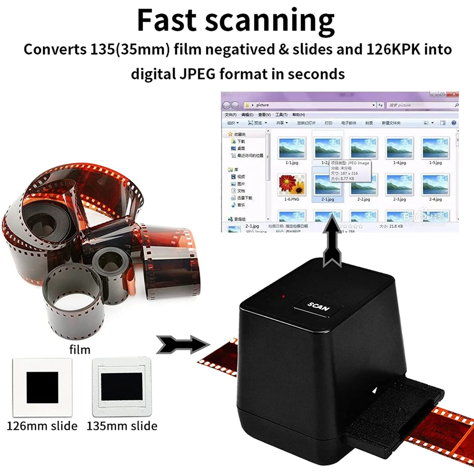Visualizzatore per Scanner per Diapositive, Scanner per Diapositive per pellicole, Realizzato in Materiale ABS, Scanner per Negativi per pellicole 135 ad Alta Definizione da 17 Milioni, Portatile e