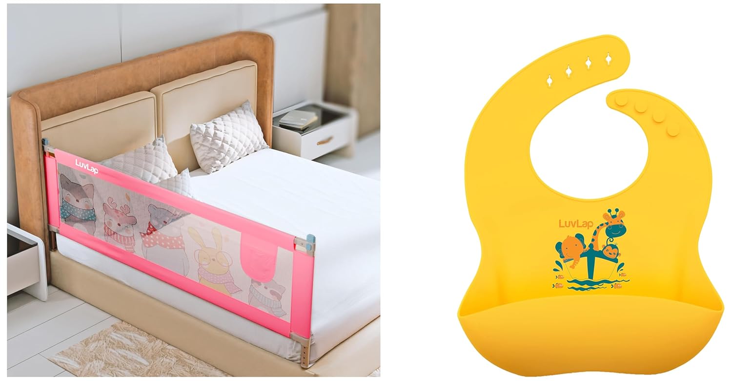 LuvLap Comfy Baby Bed Rail Guard (6ft x 2.3ft) and Silicone Baby Bib Waterproof Adjustable Neckline with Buttons, Yellow LuvLap Comfy Baby Bed Rail Guard (6ft x 2.3ft) and Silicone Baby Bib Waterproof Adjustable Neckline with Buttons, Yellow