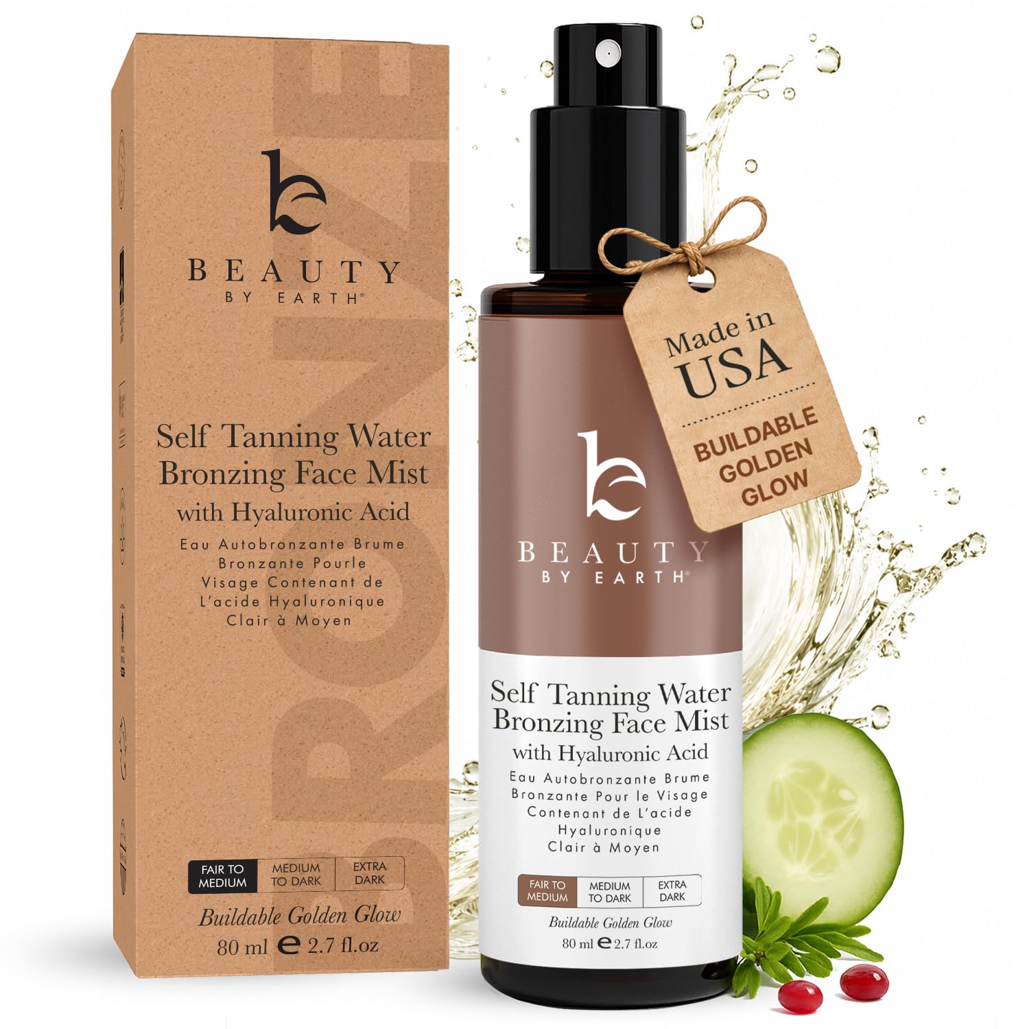 Bronzing Face Tanner Spray Mist, Sunless Face Tanning Water, USA Made with Natural & Organic Ingredients