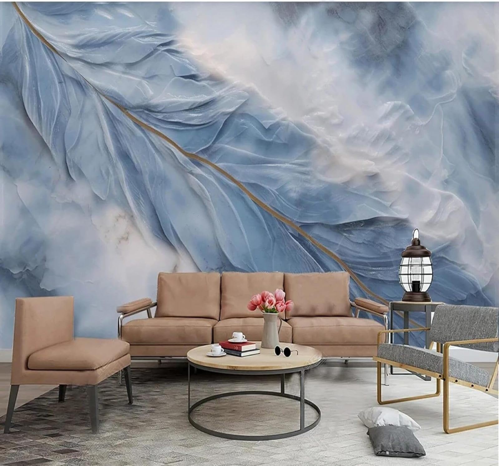 XLMING Creative Relief Blue Feathers Faux Marble 3D Wallpaper Luxury Home Dining Decor Paste Sofa Living Room The Wall for Bedroom Mural-200cm×140cm