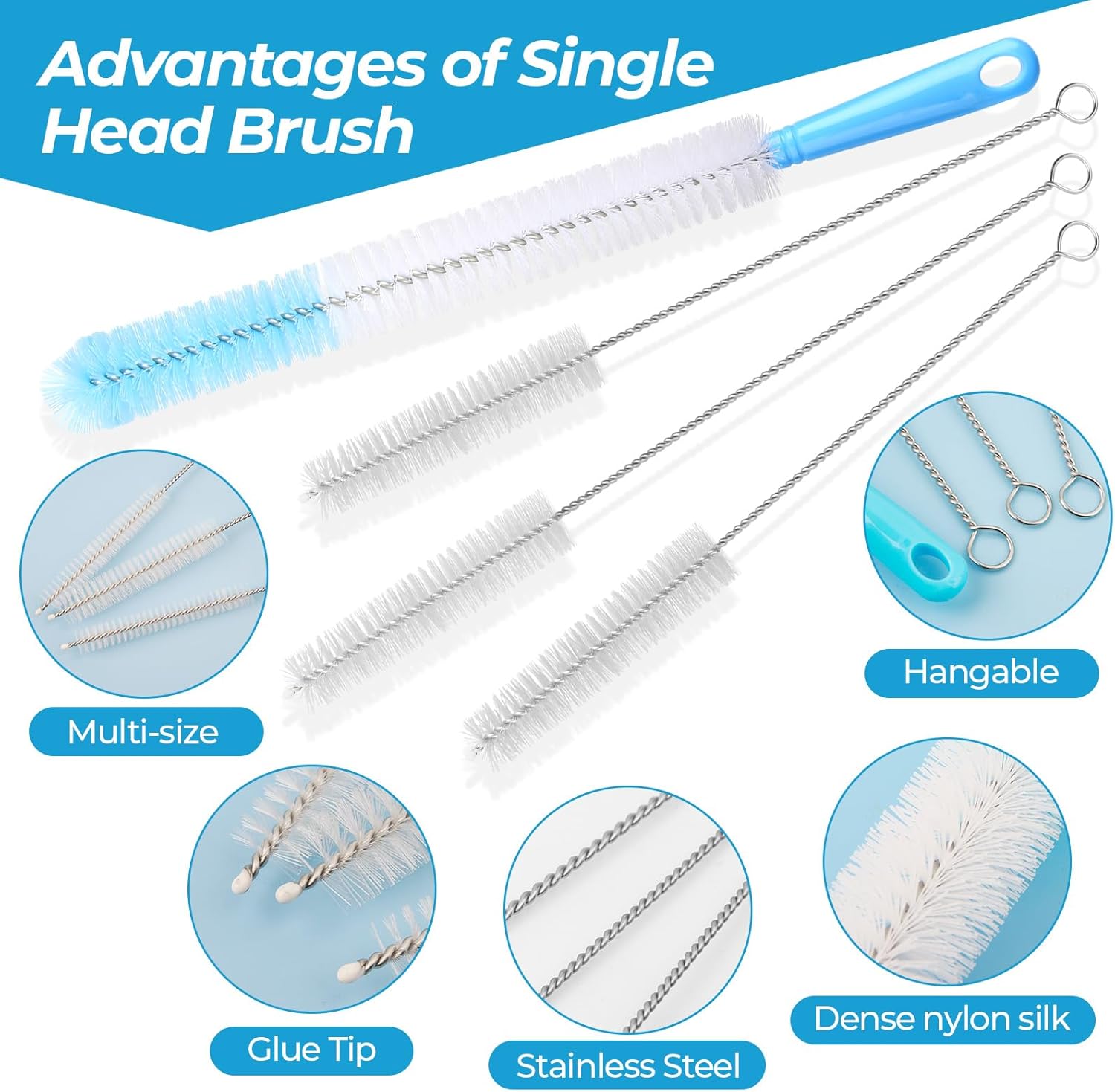 Double-Headed Drain Cleaner Brushes Heavy Duty 70.8 Inches Tube Brush and 4 Pcs with Handles Flexible Straw Cleaning Brush for Pipe Hose Home Kitchen Sink Plumbing (Blue)