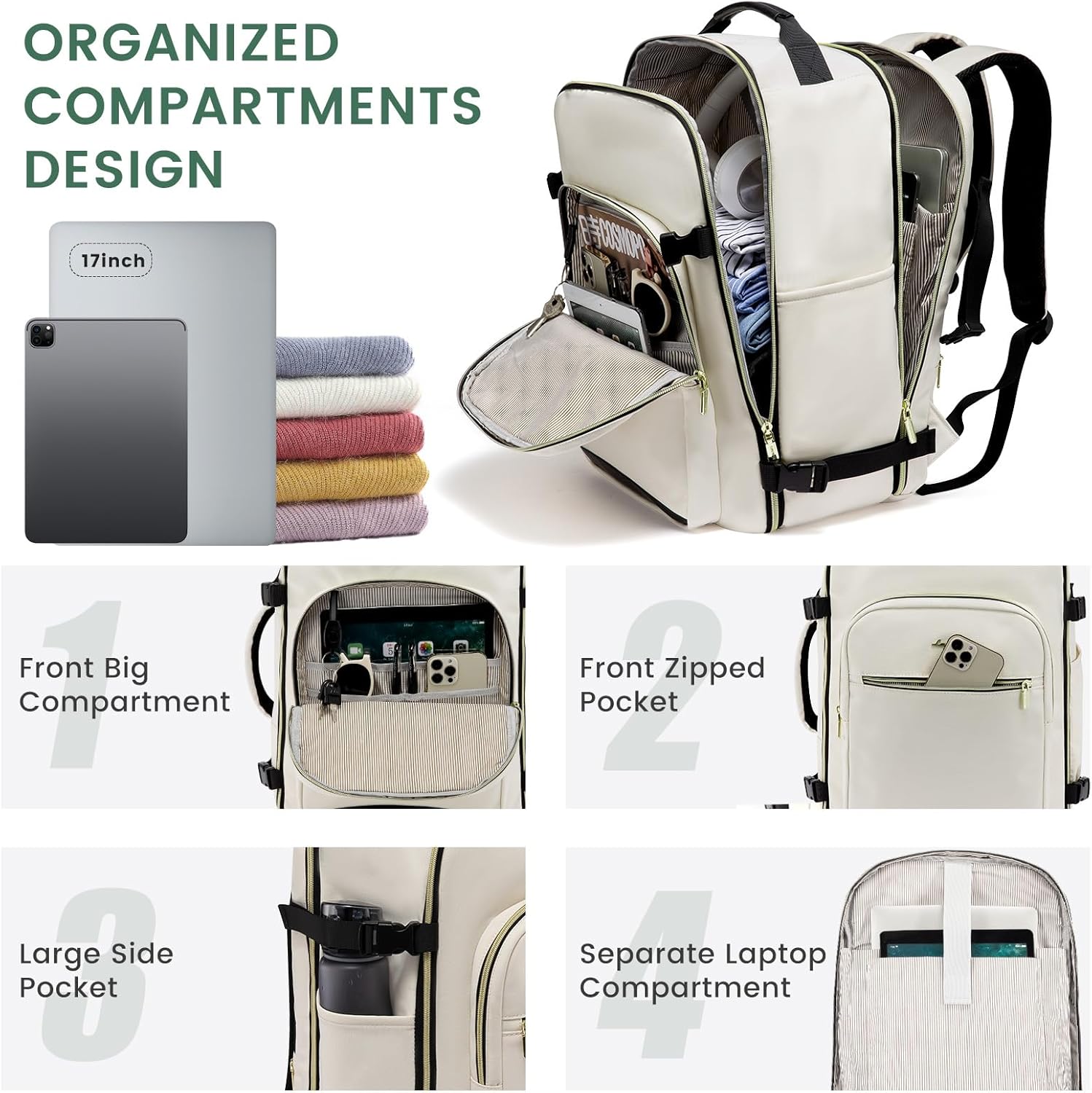 LOVEVOOK 40L Large Travel Backpack for Women Men, 17 Inch Carry on Backpack for Traveling on Airplane, Personal Item Travel Bag Airline Approved, Business Causal Weekender Backpack, Beige-Black - Image 2