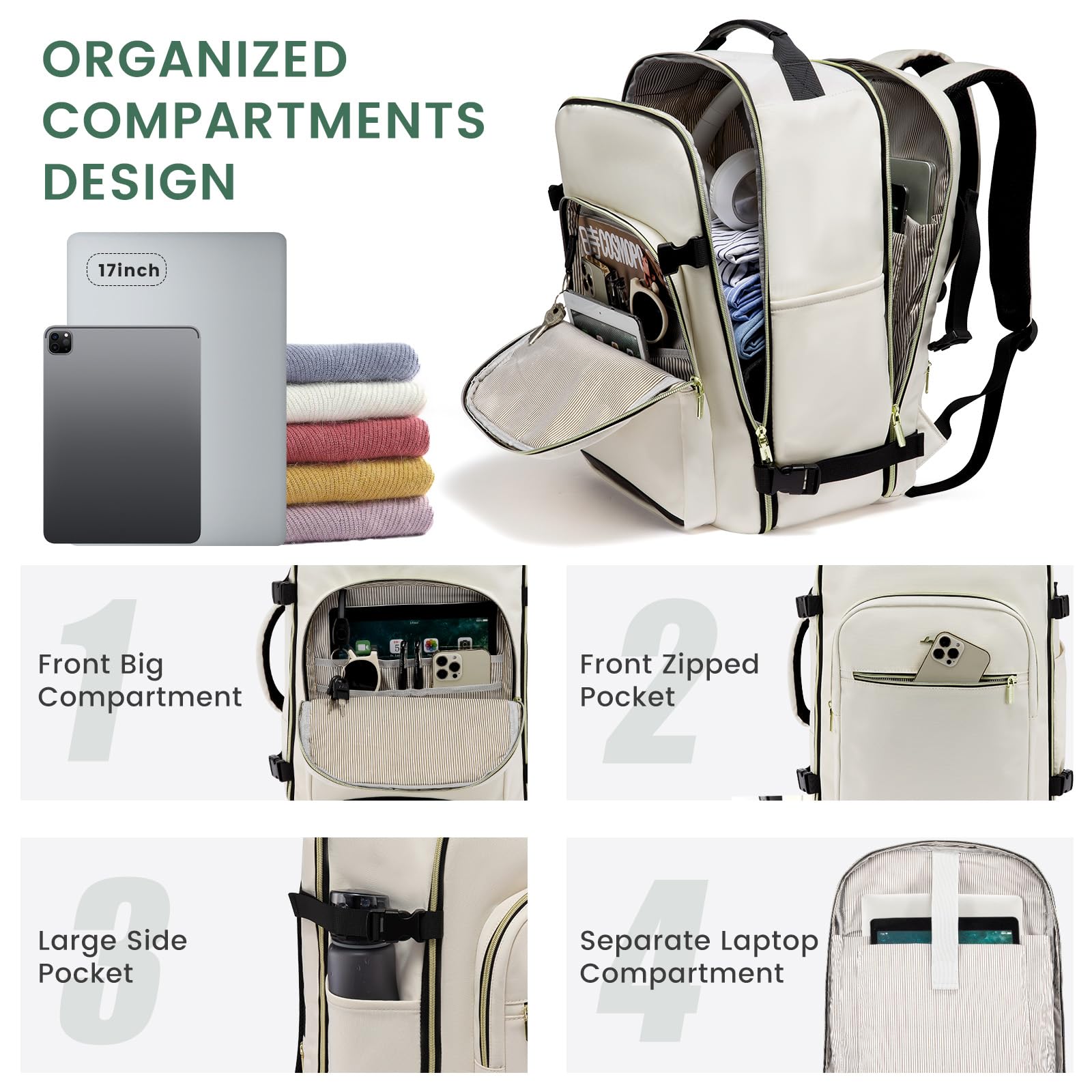 LOVEVOOK Zaino da Viaggio Aereo Bagaglio a Mano, Impermeabile Zaini Trolley Bagaglio Donna 40L Cabin Max per Ryanair Easyjet, Grande Zaino Porta PC 17 Pollici Valigia Borsa a Zainetto