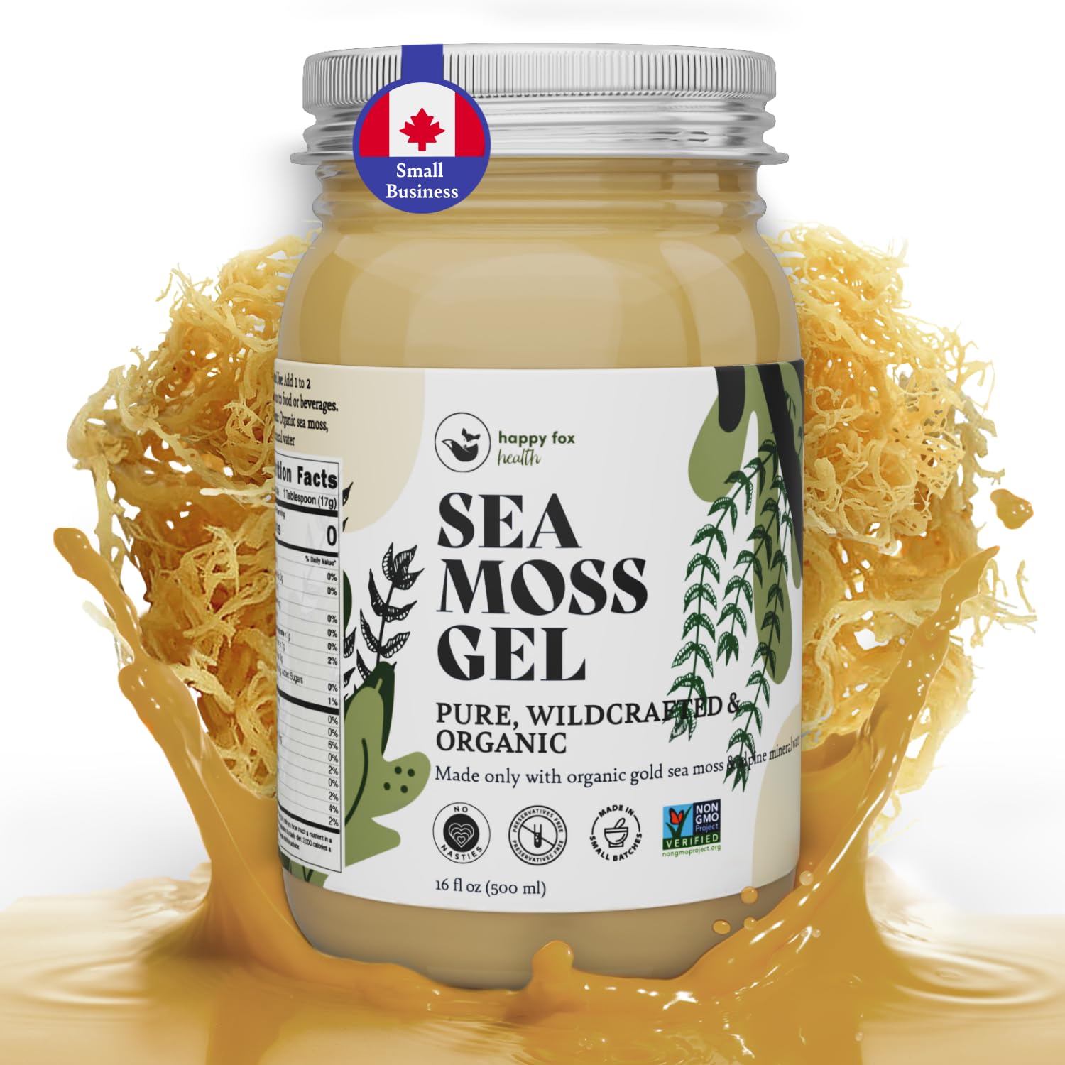 HAPPY FOX Organic Sea Moss Gel - Made with Gold Seamoss and Alpine Mineral Water - Wildcrafted, Dr. Sebi Approved, Shelf Stable, 16 fl oz
