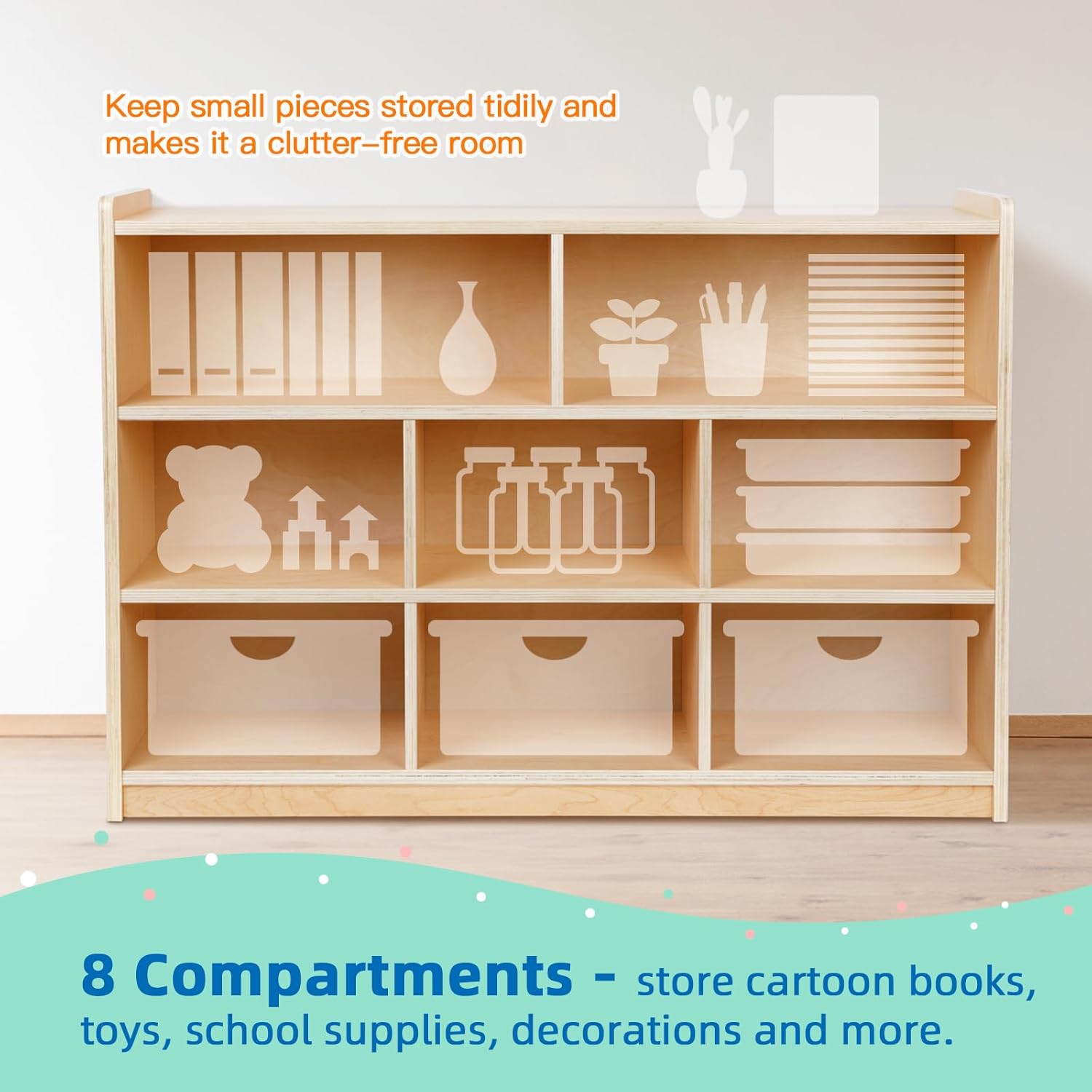Close-up of the OOOK Montessori Toy Shelf cubbies filled with various toys and books