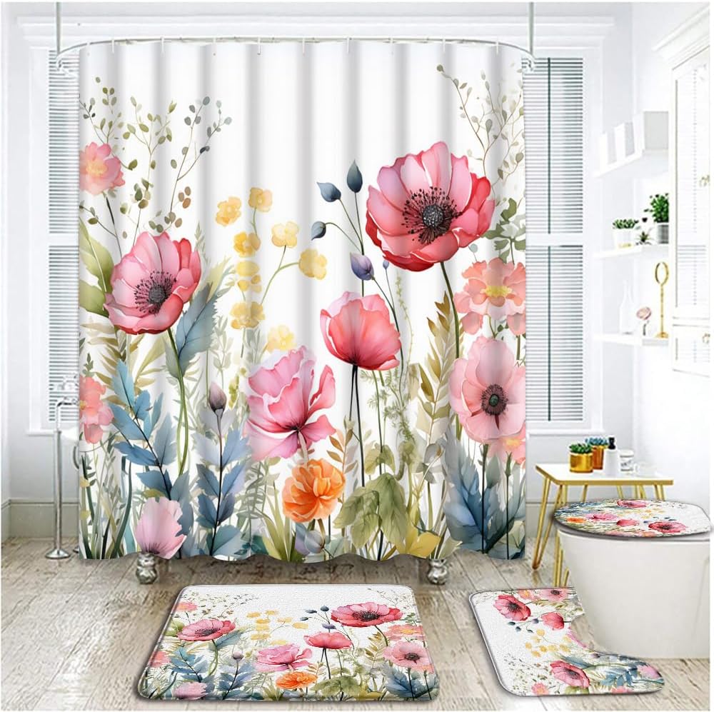 4 Piece Pink Floral Shower Curtain Set with Rugs, Toilet Lid Cover ,Spring Colorful Floral Wildflower Plant Leaves Watercolor Country Farmhouse Modern Women Girls Bathroom Shower Curtain with Hooks