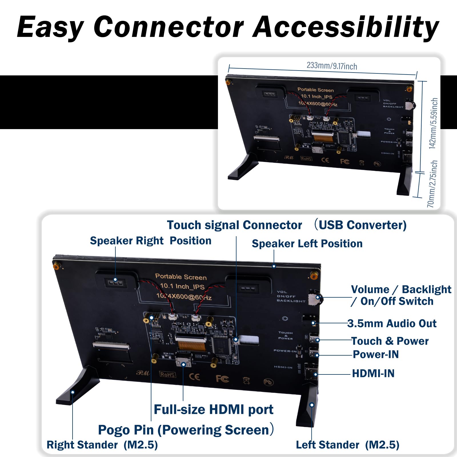 GeeekPi Touchscreen Capacitivo 10,1 Pollici per Raspberry Pi, Monitor HDMI IPS 1024 x 600 LCD con Altoparlanti Doppio per Pi 5/4B/3B+/3B
