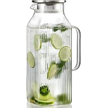 2 Liter/68 oz Square Glass Pitcher with Lid, Classic Stripes Water Pitchers with Handle for Fridge, Large Jug for Iced Tea, Coffee, Borosilicate Glass Carafe for Hot/Cold Brew Drink, Silver