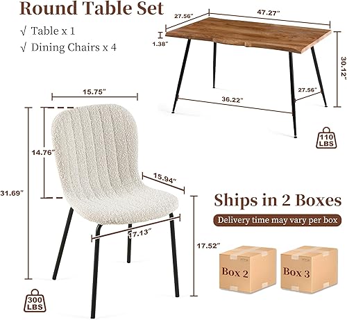 Miniatura 2 de Juego de 4 mesas de comedor para 4 personas con sillas blancas Boucle, mesa de centro rectangular moderna de mediados de siglo, mesa de cocina y