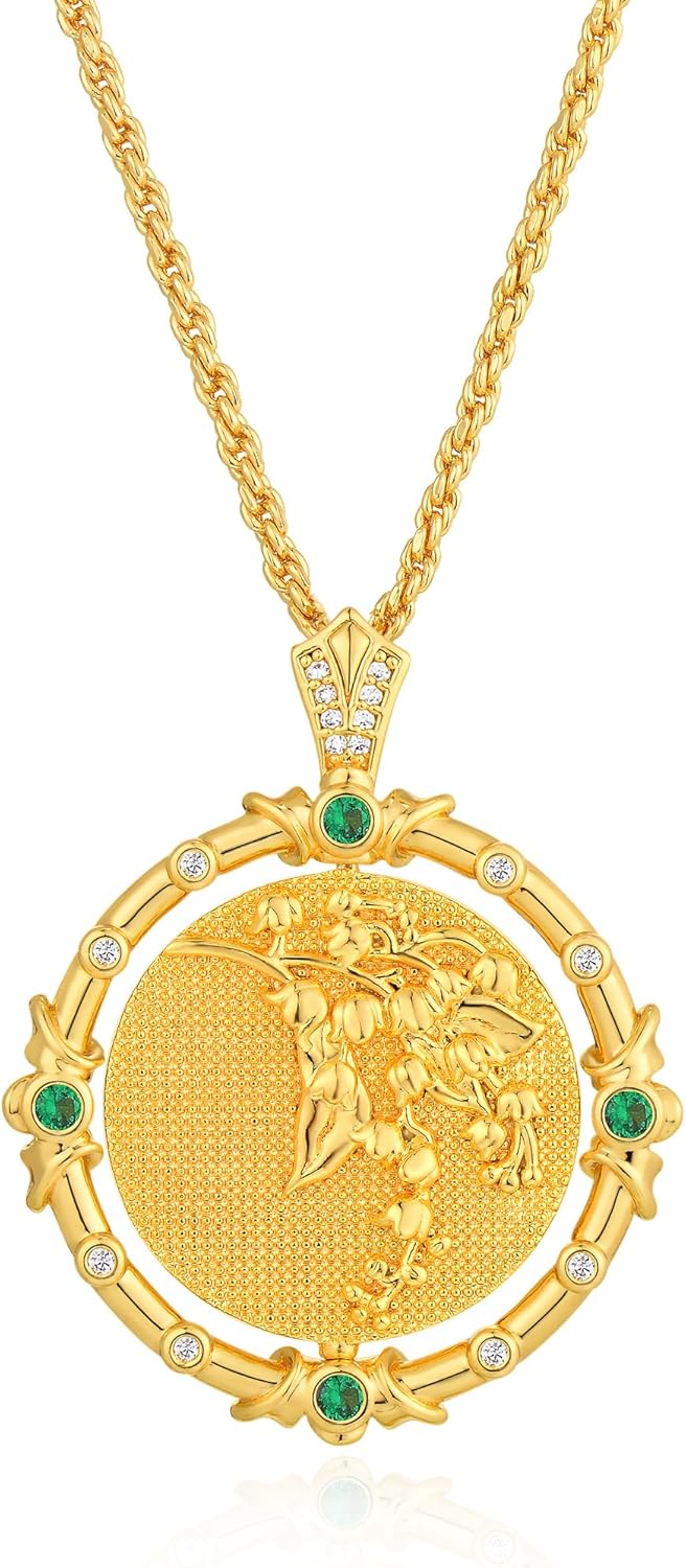 MTMY Birth Flower Necklaces for Women 14K Gold Plated Birth Flower with Birthstone Chunky Reversible Rotatable Disc Pendant Necklaces Jewelry