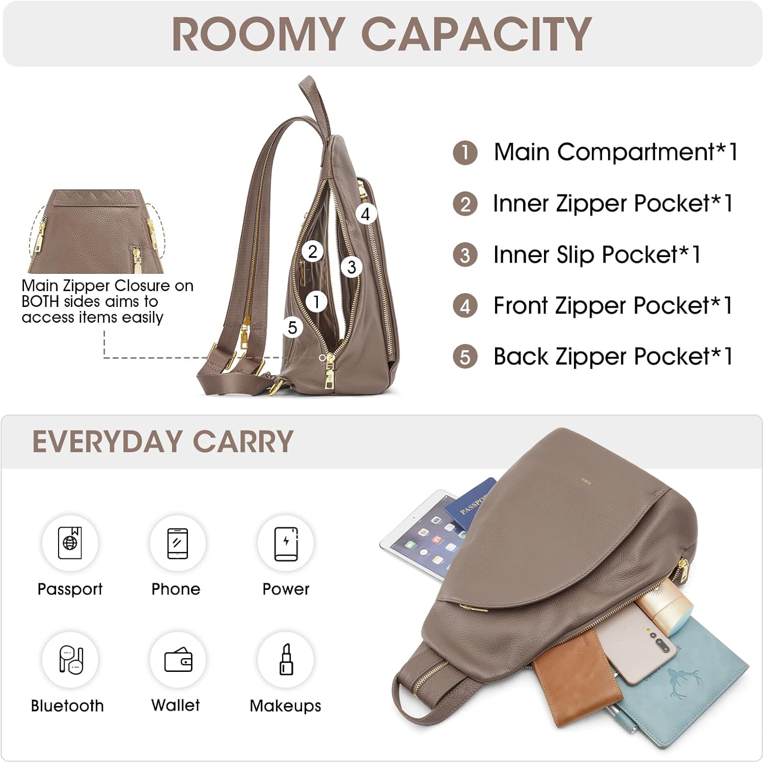 Kattee Sling Bag for Women Crossbody Fanny Packs Chest Bag Top Grain Leather Daypack Backpack RFID Blocking Travel | Top Grain Leather, RFID Blocking, Travel