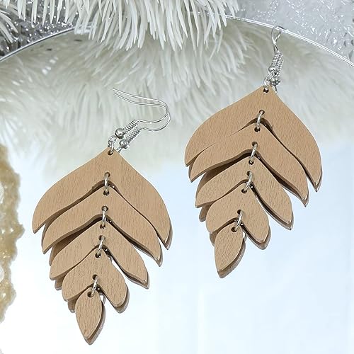 Miniatura 5 de Aretes colgantes de hojas de madera para mujer, hechos a mano, ligeros, bohemios, de verano, plantas tropicales, joyería étnica