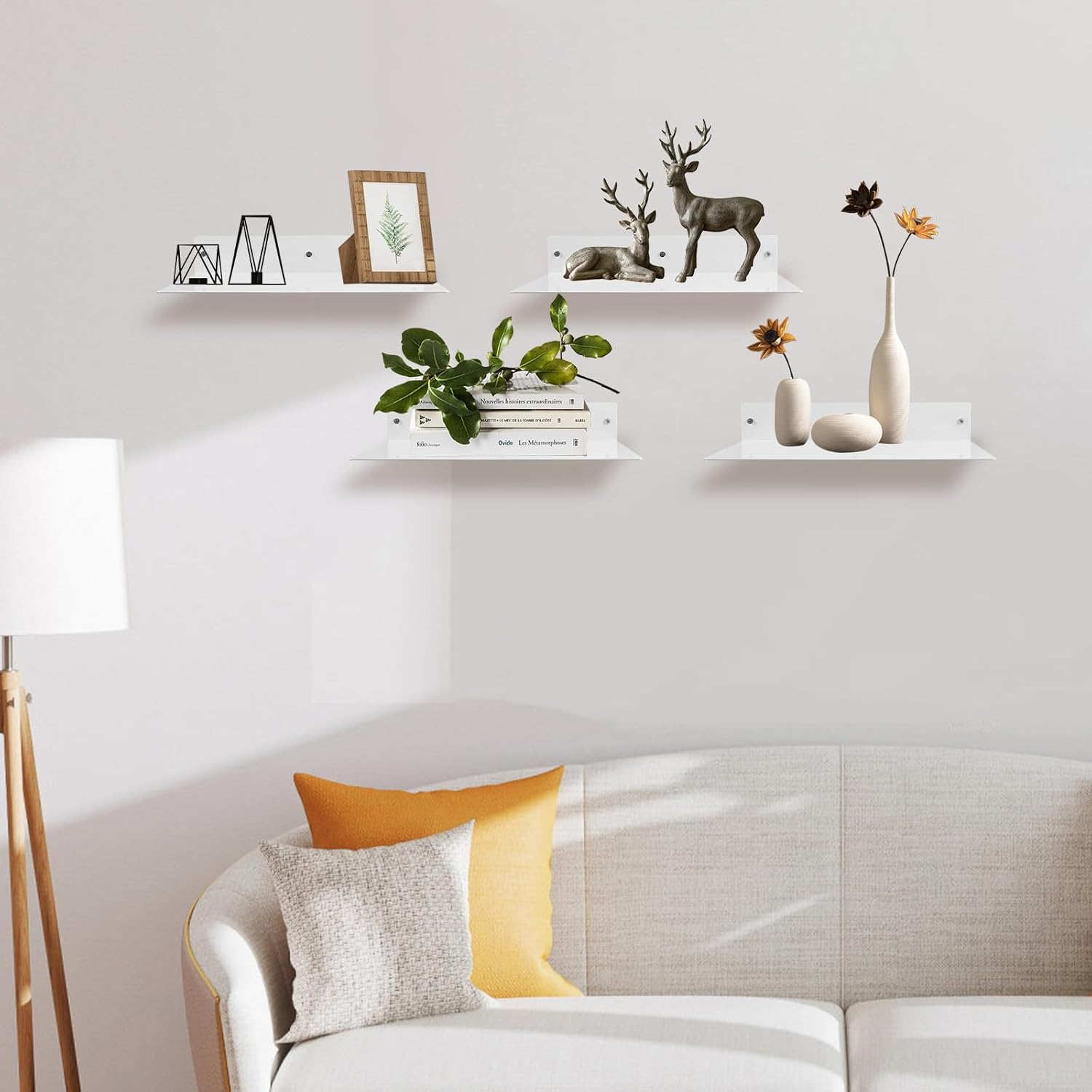 RealPlus Metal Floating Shelf Wall Mounted (12 inch x 8 inch) Heavy Duty Industrial Modern Steel Display Shelves, White (Pack of 2)