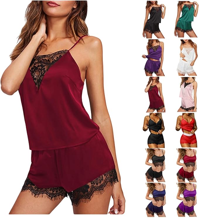 MIVAMIYA Womens Pajama Sets Christmas Sexy Satin Lace Trim Short Pj Set Soft Cami Sleeveless Sleepwear Lingerie Set Nightwear