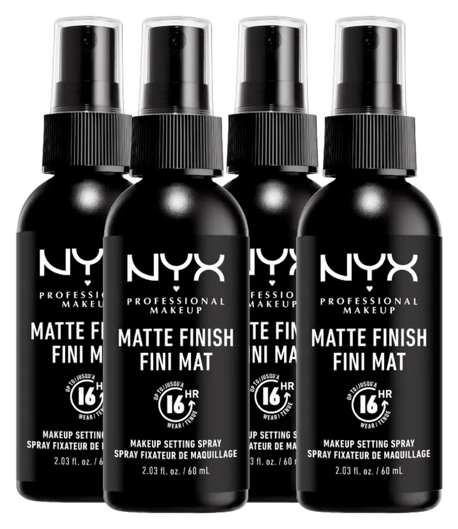 NYX Professional Makeup Spray Fissante Makeup Matte Finish Formula Leggera Vegana No Transfer a Lunga Tenuta 16h Versatile per Tutti i Tipi di Pelle - 4 Flaconi da 60ml