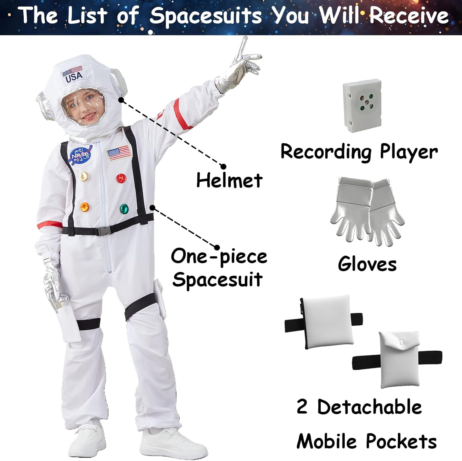 LANGXUN Kids Astronaut Halloween Costume Set, Boys Girls Space Suit Dress Up, Toddler Pilot Jumpsuit for Themed Party - Image 2