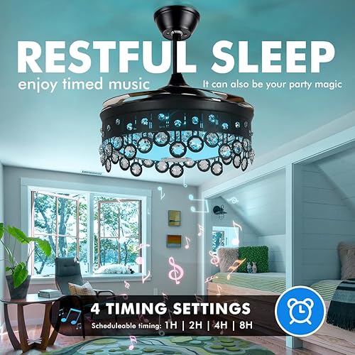 Miniatura 2 de MORE CHANGE Ventilador de techo de araña de cristal de 42 pulgadas con luz y altavoz Bluetooth remoto, moderno ventilador de techo negro regulable