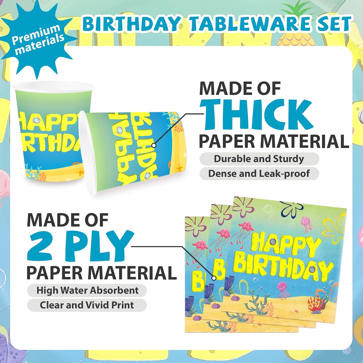 168Pcs Yellow Cartoon Party Supplies 25th Birthday Plates and Napkins Blue Yellow Ocean Disposable Paper Tableware for adults Underwater Birthday Party Supplies Serves 24