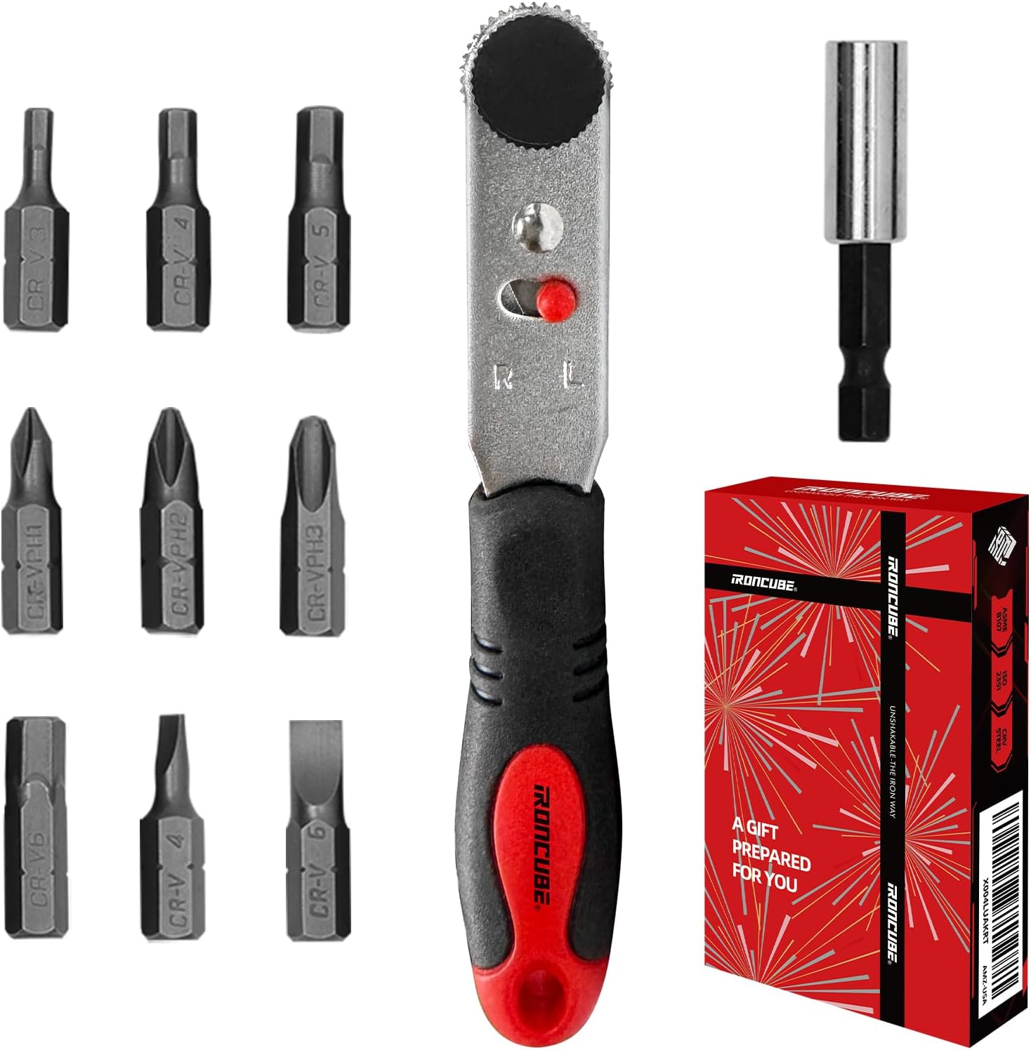 IRONCUBE Angle Ratchet Screwdriver Set: 10 Piece Magnetic Bit with 90 degree Mini Offset Low Profile Reversible Drive Handle - Stocking Stuffers with Gift Box