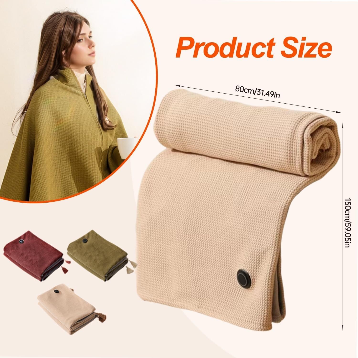 Châle chauffant portable, couverture chauffante USB portable for femme, avec 3 niveaux de chauffage, chauffage rapide en 15 secondes, châle chauffant portable à fermeture éclair douce for femme(Green)