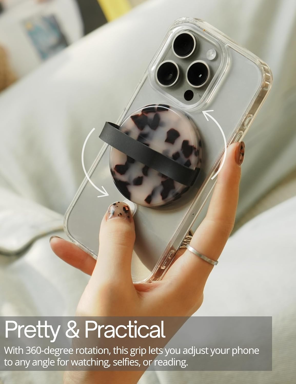 Heesch Tortoise Magnetic Phone Grip for Phone Case Ring Holder for iPhone Girly Finger Loop for Back of Phone Cute Mag Safe Grip Strap for Hand Removable MagSafe Accessories, Ivory Tortoise - Image 5