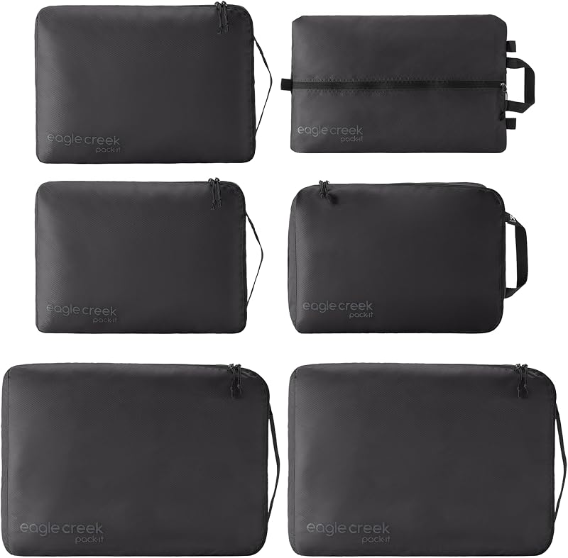 Set Eagle Creek Pack-It Aislado Estancia Extendida, Negro | Incluye Saco de Zapatos, Cubo Medio Limpio/Sucio, 2 Cubos Medios Aislados y 2 Cubos Grandes, Esenciales de Viaje