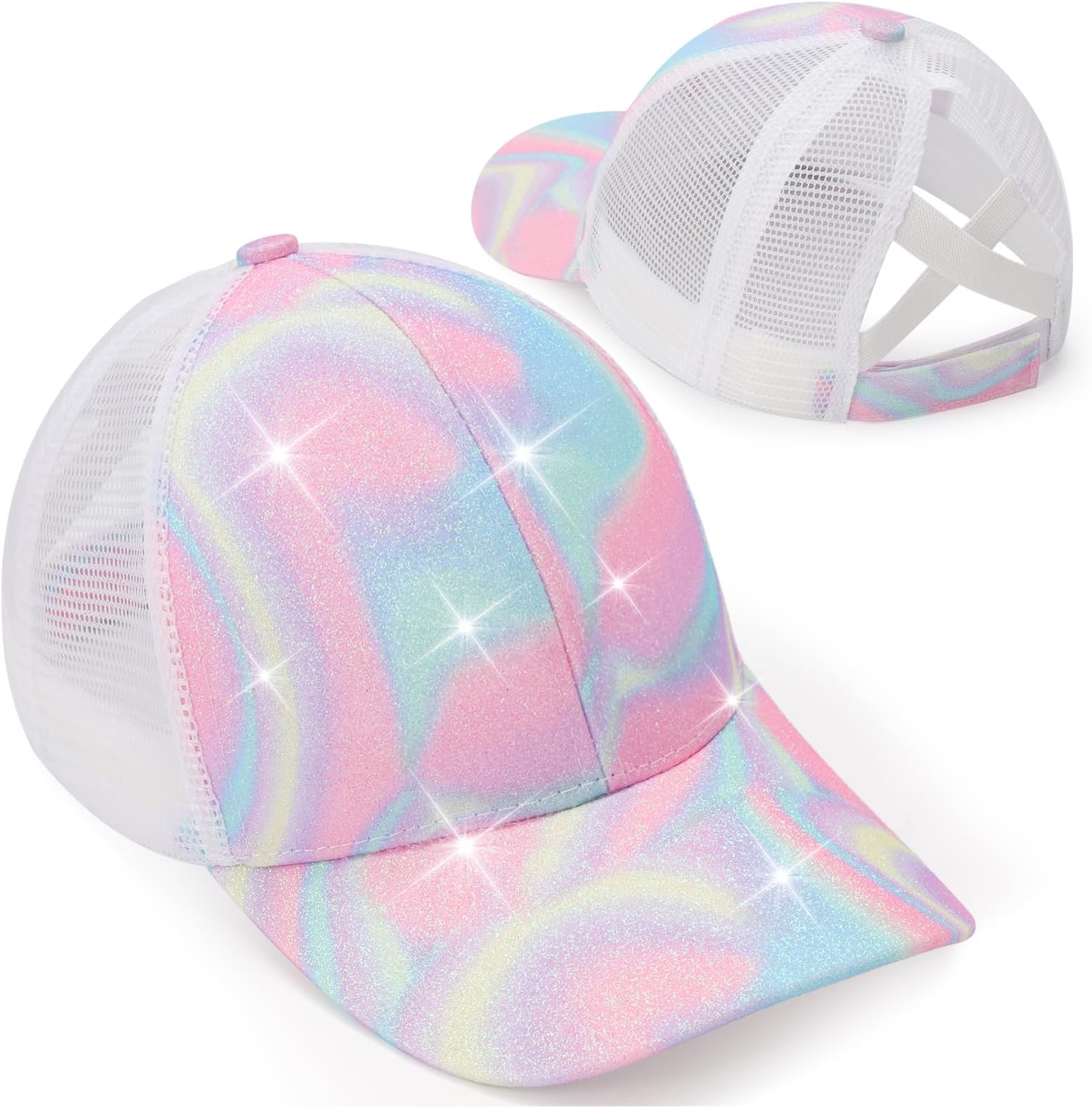 BROMZ Girls Glitter Baseball Cap Kids Ponytail Hat Adjustable Summer Mesh Trucker Hats for 4-12 Years
