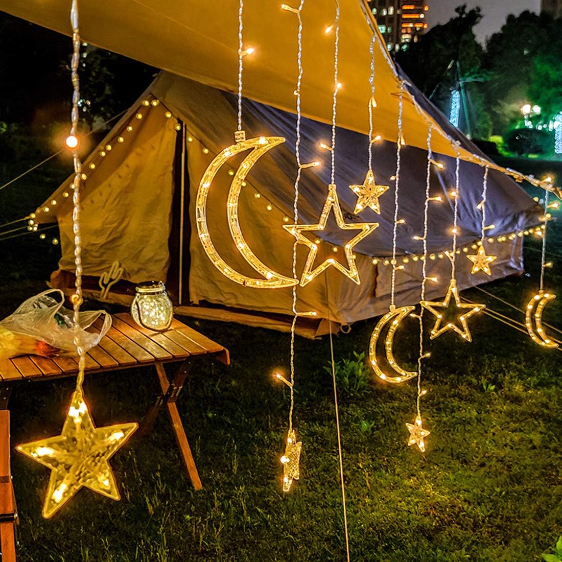 ALFEUND 138 Led Curtain String Light Star Moon Icicle Light with 8 Lighting Modes with Timer Remote USB Operated Dimmable Fairy String for Window Wall Home Decoration