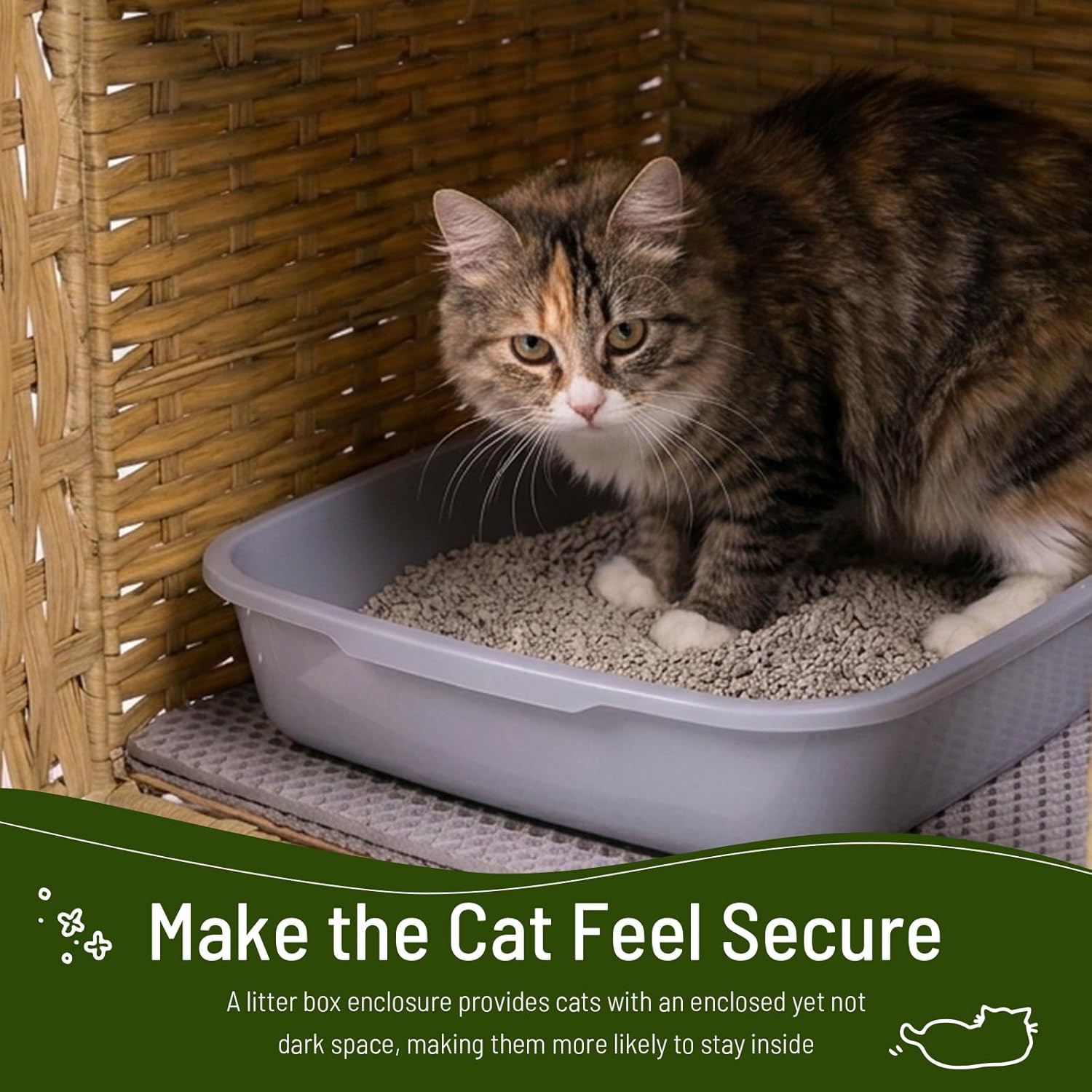 Neti Neti Cat Litter Box Enclosure Furniture, A Calm Enclosed Space Chosen by Cats, Handwoven Rattan Hidden Cabinet with 2 Removable Mats, Large Foldable Design for Indoor Use, Large, Natural