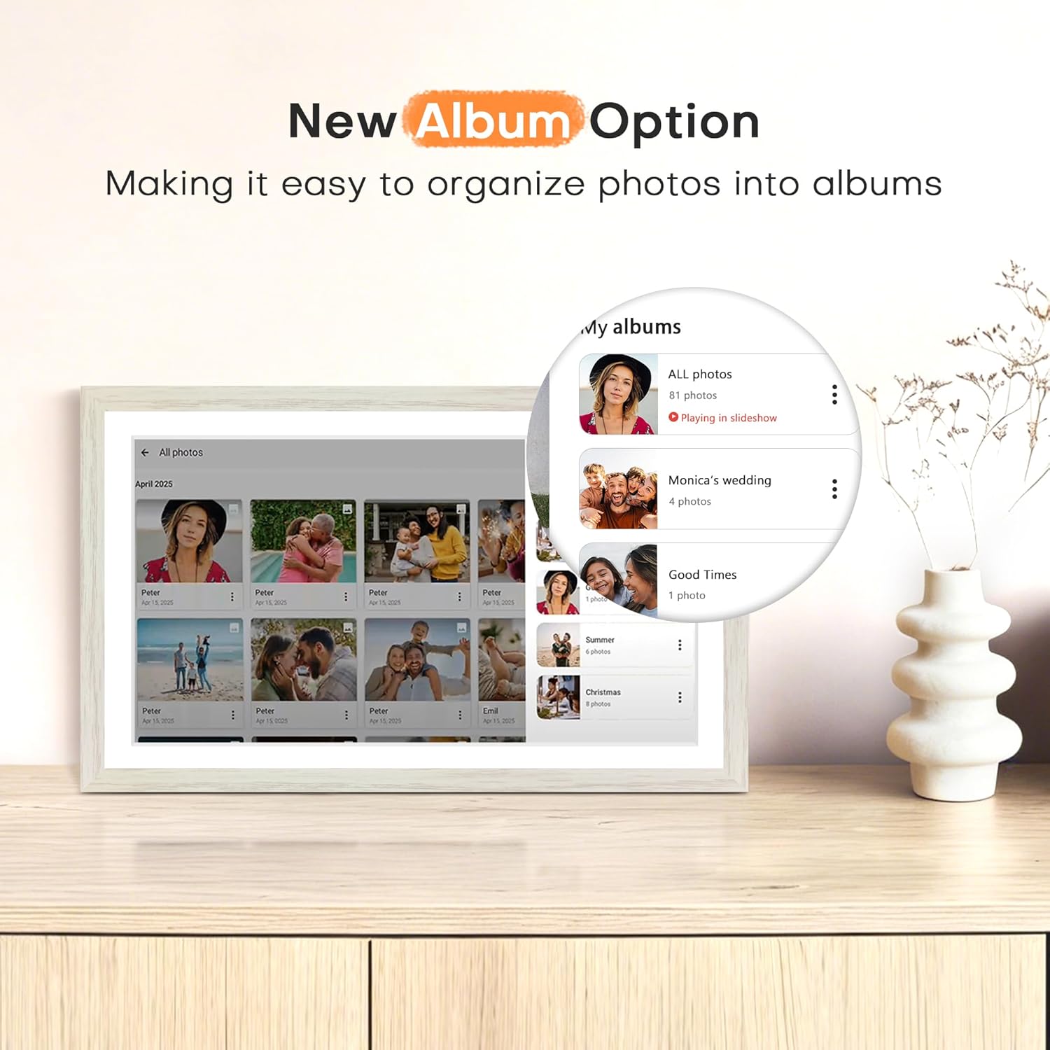 Digital Picture Frame, 15.6 Inch Frameo Digital Frame WiFi, 1920 * 1080 IPS FHD Touchscreen, 32GB, Tabletop&Wall-Mounted, Share Picture Video, Large Electric Photo Frame, Mom Gifts, White Woodgrain