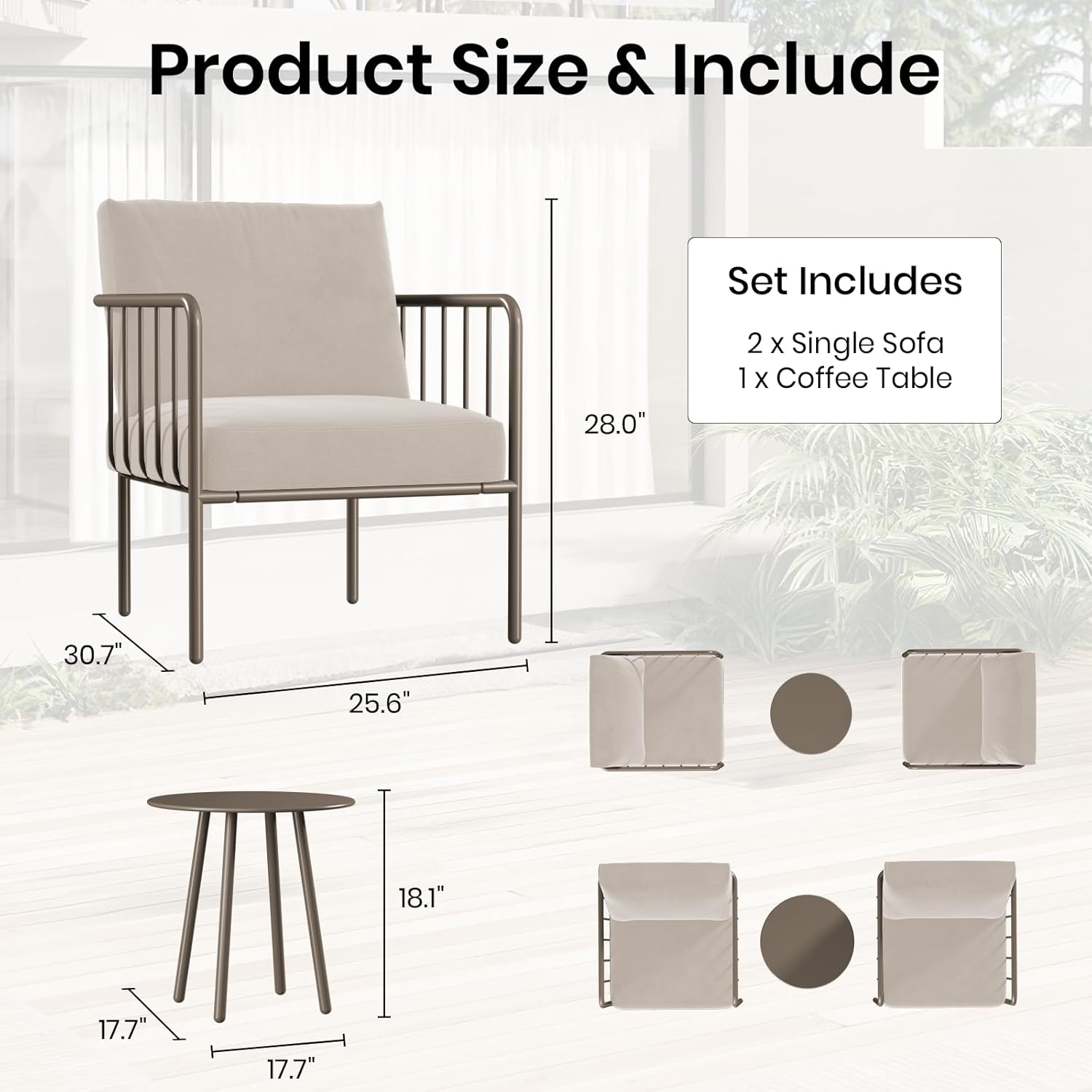 3 Piece Patio Porch Furniture Set, Modern Outdoor Conversation Set with Coffee Table & 4.7" Ultra-Thick Cushions, Rust-Proof Powder-Coated Metal Bistro Set for Balcony, Porch, Garden (Beige)