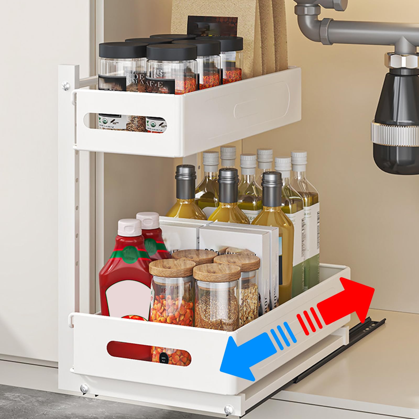 2 Niveaux Rangementr Sous Evier Cuisine et Salle de Bain, Tiroir Coulissant Cuisine Multi-Usage avec Installation Sans Perçage, Silencieux à Billes Acier (Blanc)