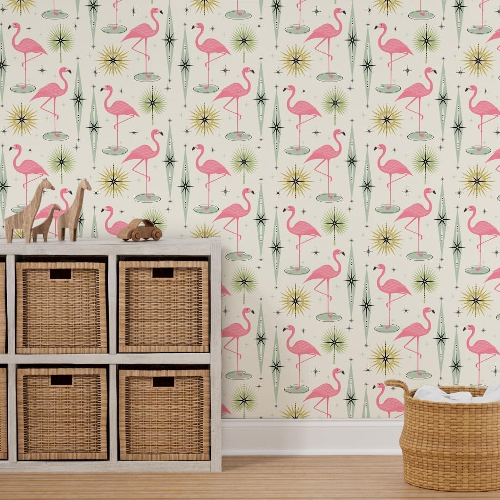 Peel & Stick Wallpaper 6ft x 2ft - Retro Flamingo Diamonds 1950S Tropical Flamingos Fifties Atomic Custom Removable Wallpaper by Spoonflower